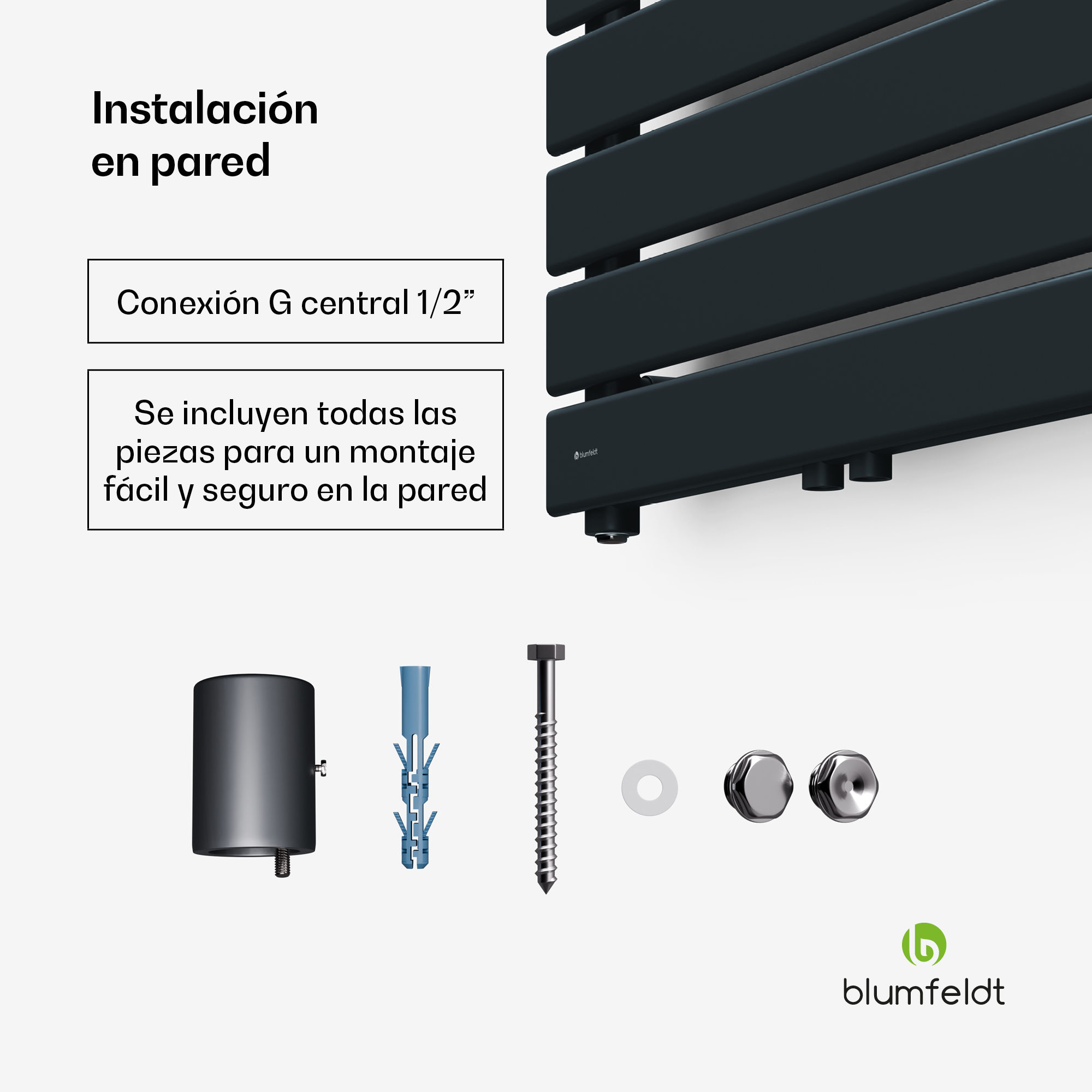 Guía de instalación en pared para un radiador negro con herrajes y logotipo de Blumfeldt.