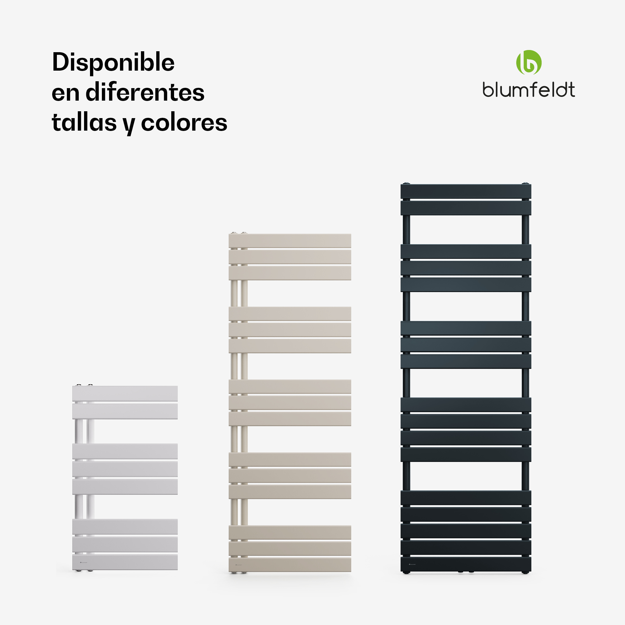 Tres radiadores toalleros blumfeldt de diferentes tamaños y colores sobre fondo blanco con texto.
