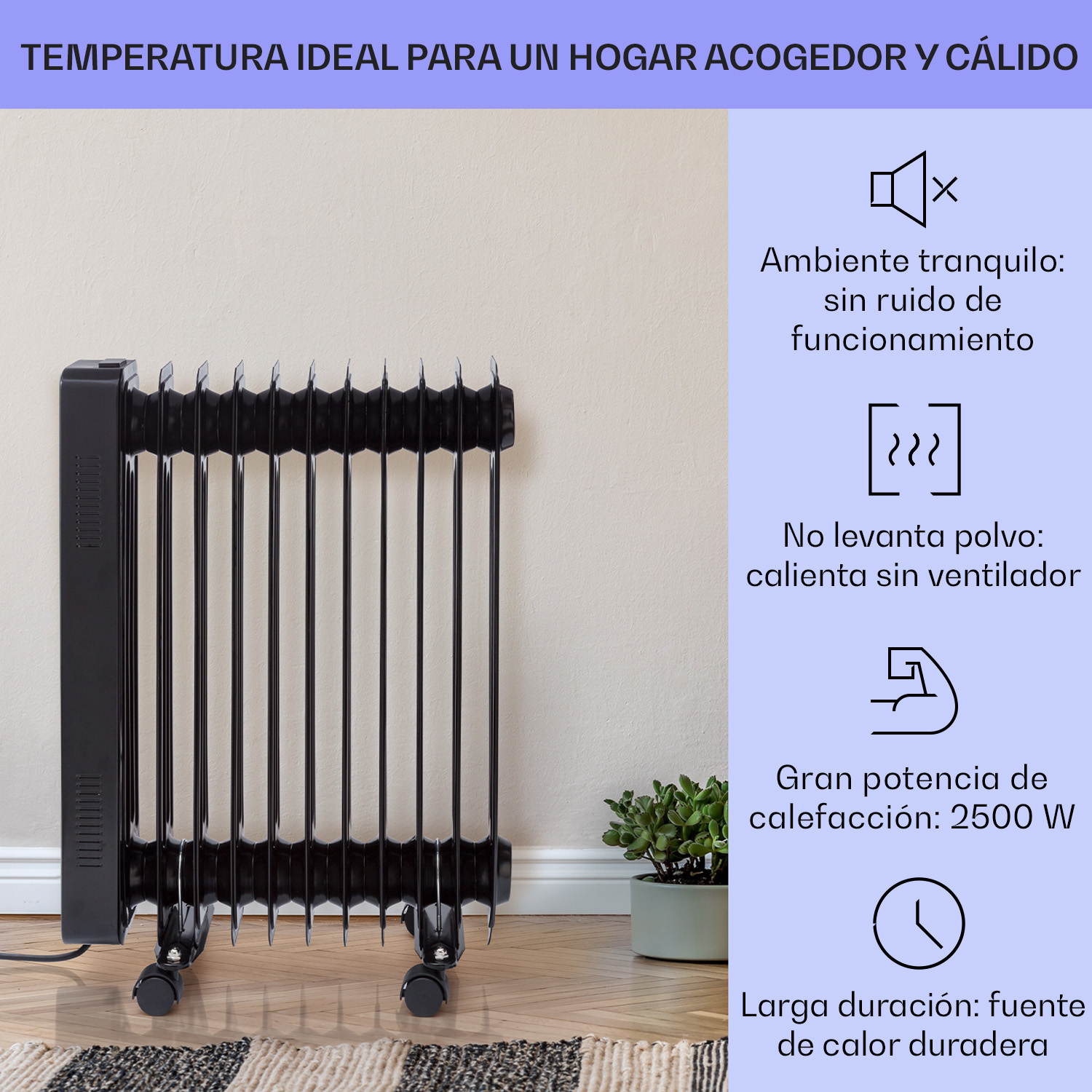 Ein schwarzer Oelradiator auf Holzboden mit Funktionssymbolen an der Seite.