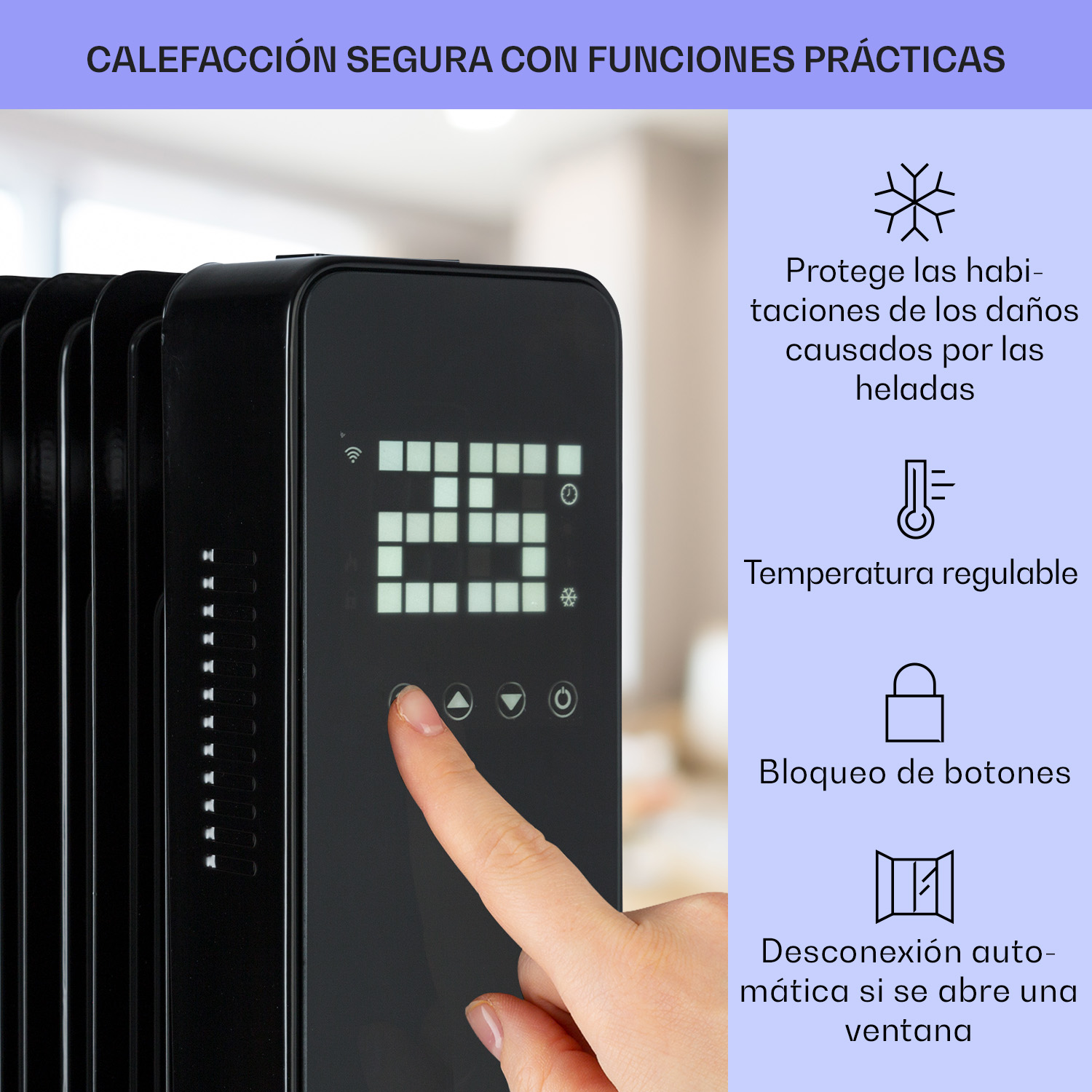 Hand berührt das digitale Bedienfeld eines schwarzen Ölradiators mit Funktionen wie Frostschutz und Temperaturregelung.