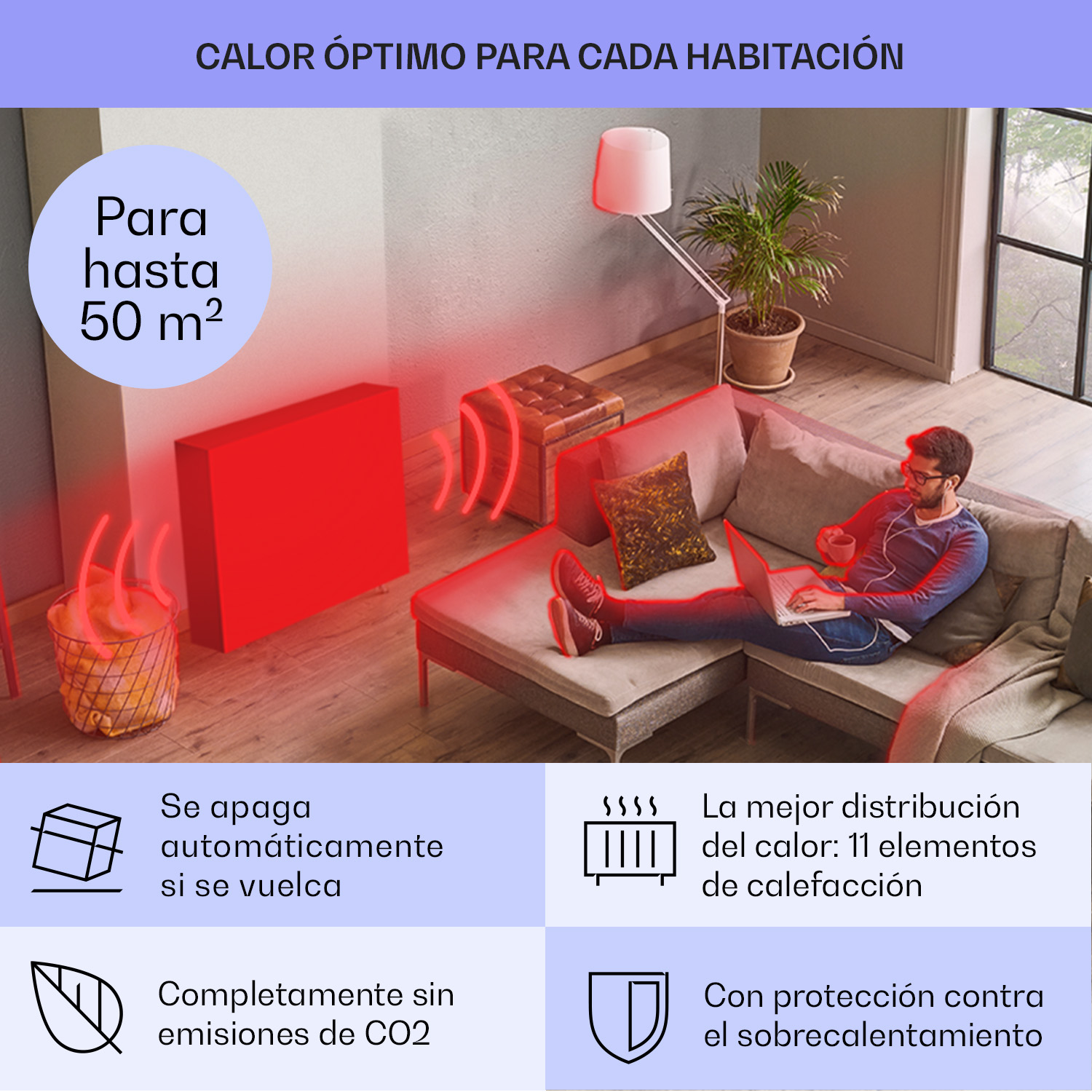 Ein Zimmer mit einer roten Heizung, einem Mann mit Laptop auf dem Sofa und spanischem Text.