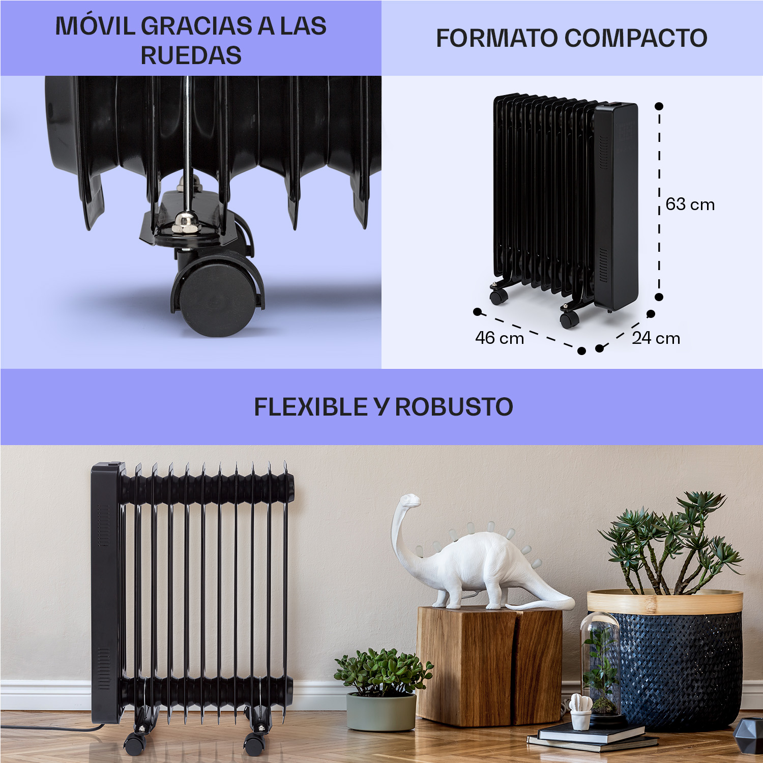 Schwarzer Ölradiator mit Rädern, Maßangaben und Dekoration in einem Zimmer.