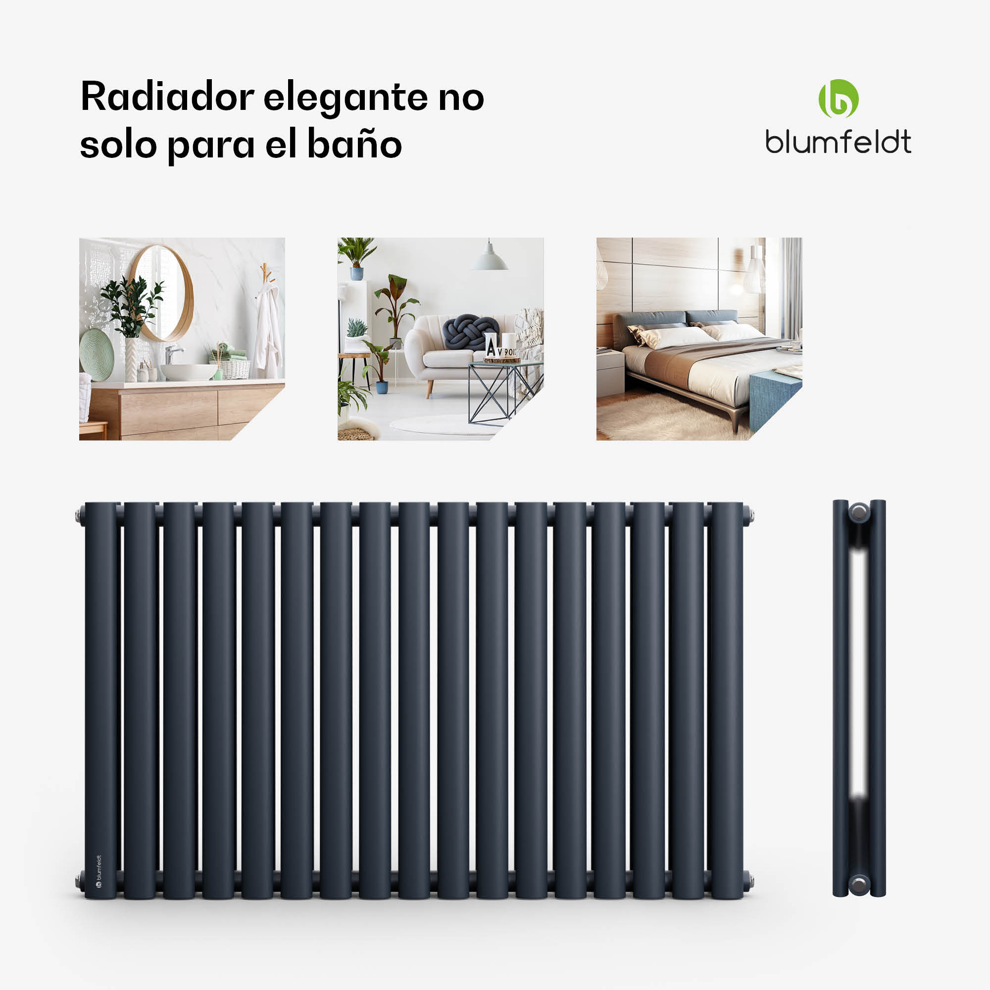 Radiador tubular gris oscuro Blumfeldt con tres imágenes de aplicación y logotipo.