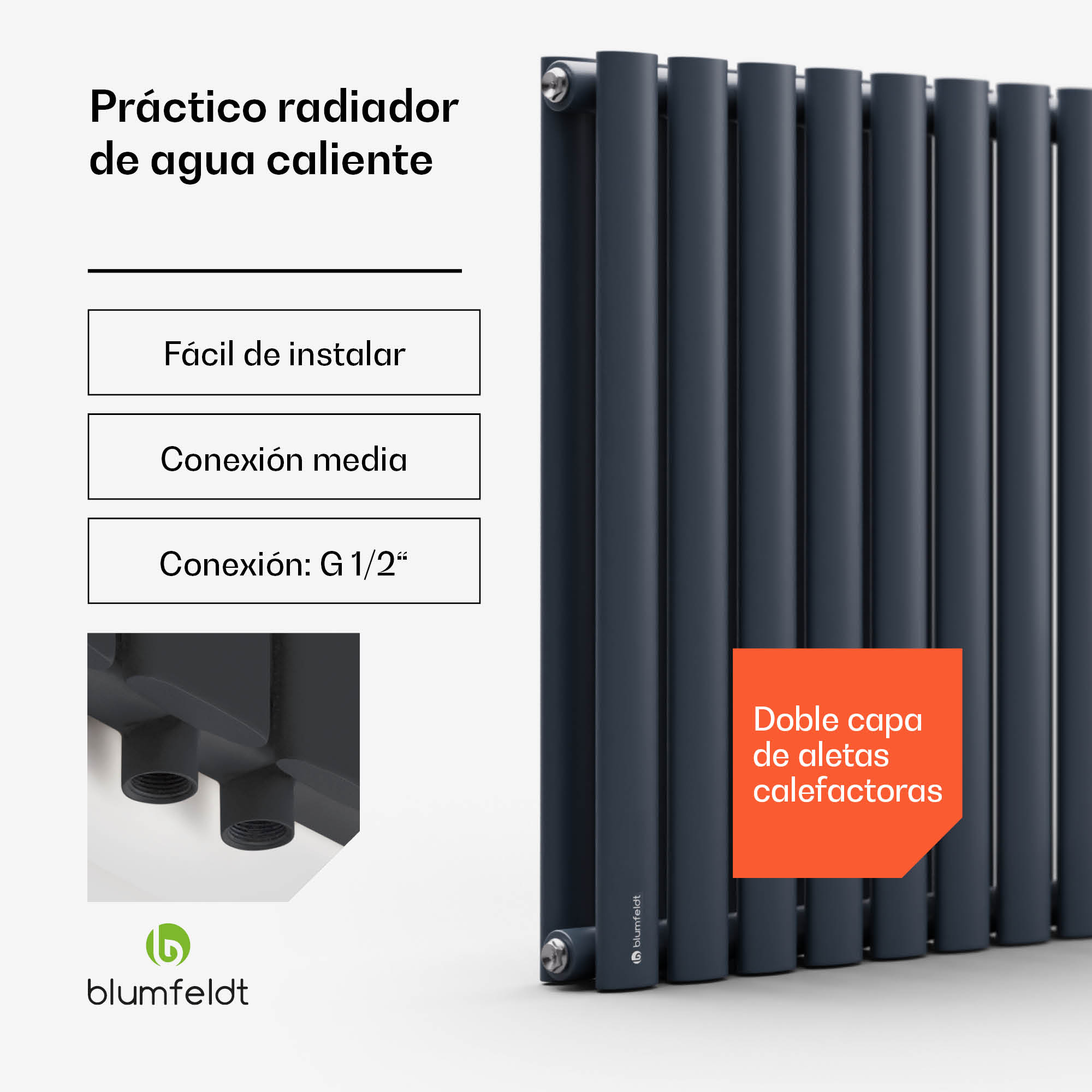 Radiador gris oscuro con cuadros de texto y vista detallada de las conexiones sobre fondo blanco.