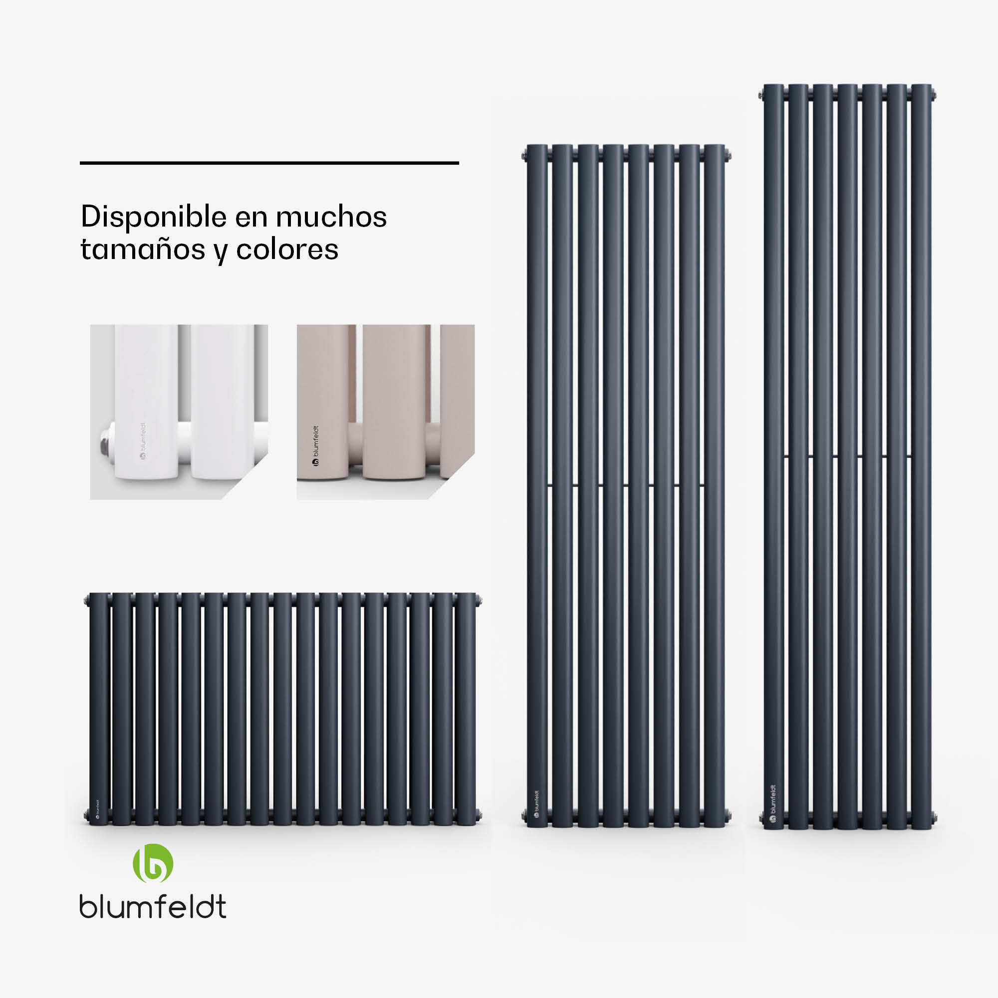 Varios radiadores verticales y horizontales grises, blancos y beiges con texto y logotipo de Blumfeldt.