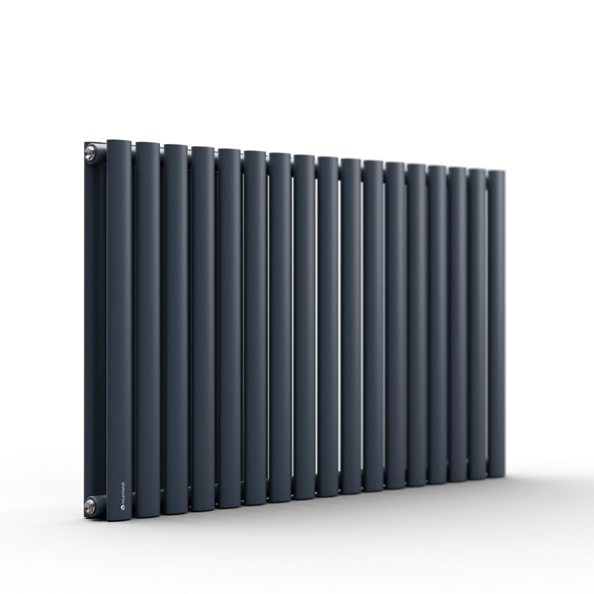 Radiador de panel moderno gris oscuro con tubos verticales sobre fondo blanco.