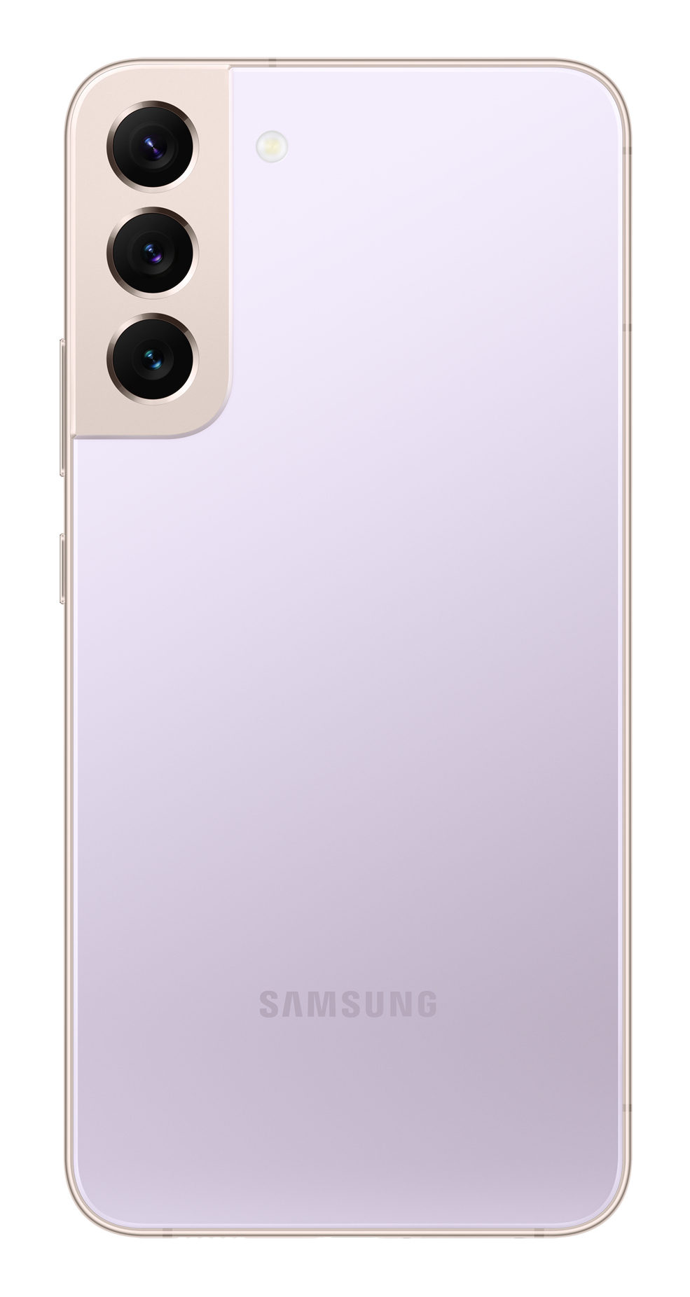 Parte trasera de un smartphone morado claro con módulo de triple cámara vertical y marco dorado.