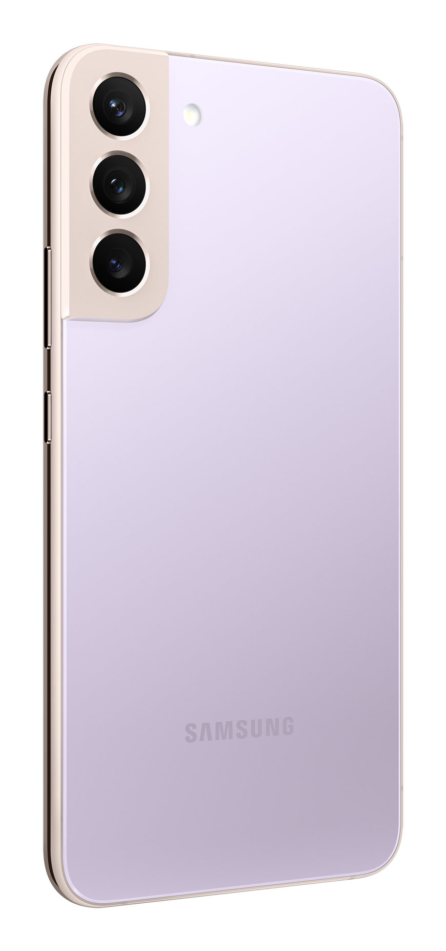 Parte trasera de un smartphone Samsung morado con triple cámara y marco dorado.