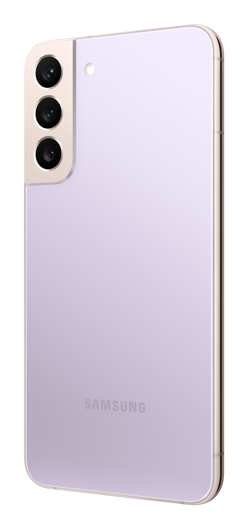 Parte trasera de un smartphone Samsung de color morado claro con triple cámara y marco dorado.