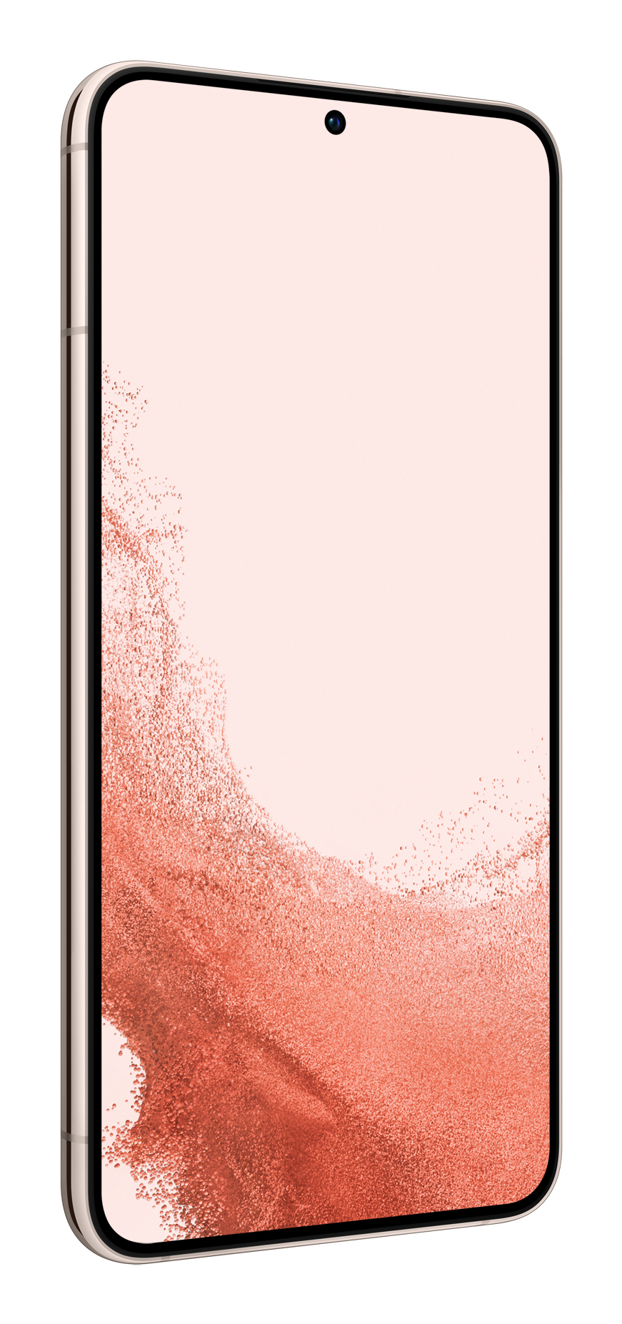 Un teléfono inteligente rosa en posición vertical con un fondo dinámico similar a arena en la pantalla.