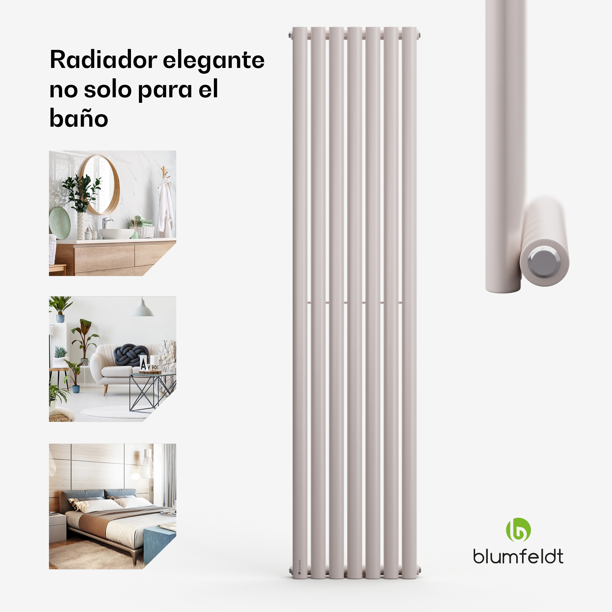 Radiador de diseño vertical beige con imágenes de habitaciones que muestran su instalación en baño, salón y dormitorio.