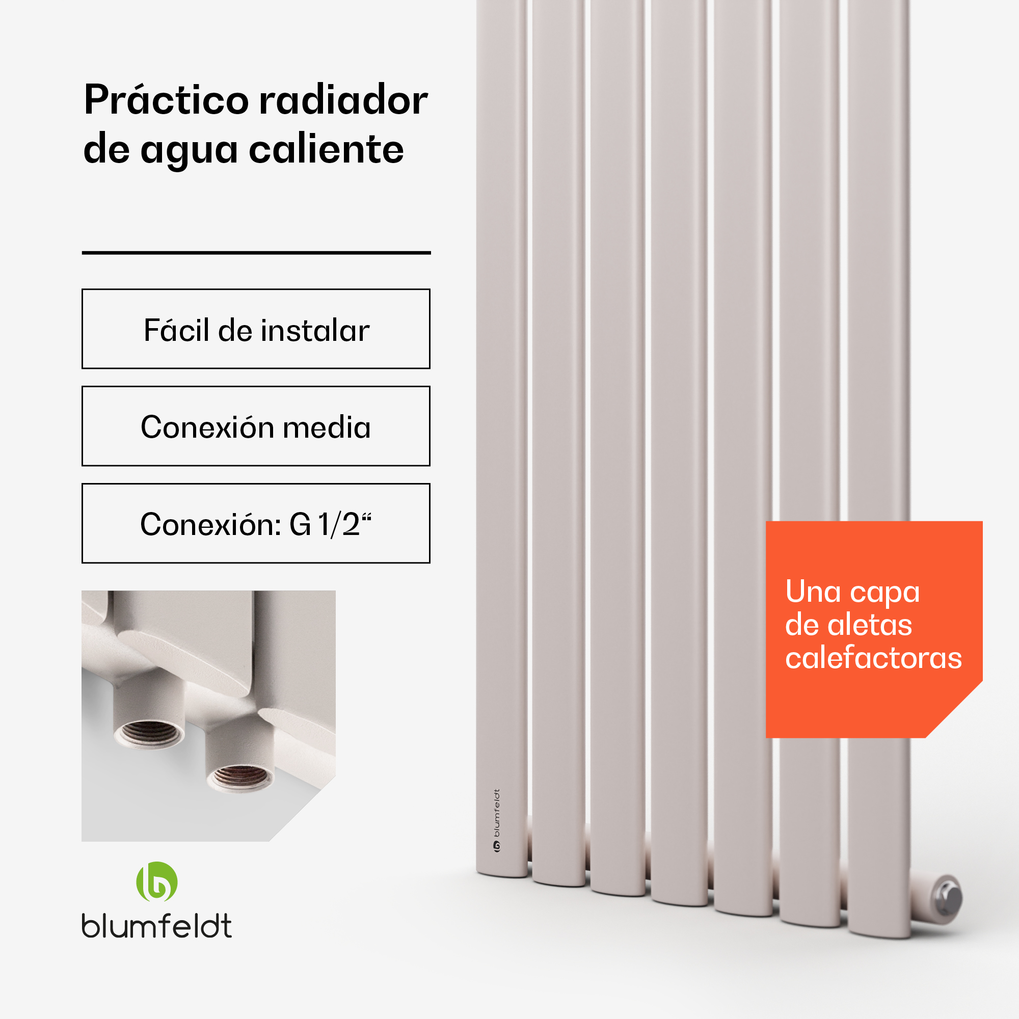 Anuncio de un radiador gris Blumfeldt con texto en español y primer plano de las conexiones.