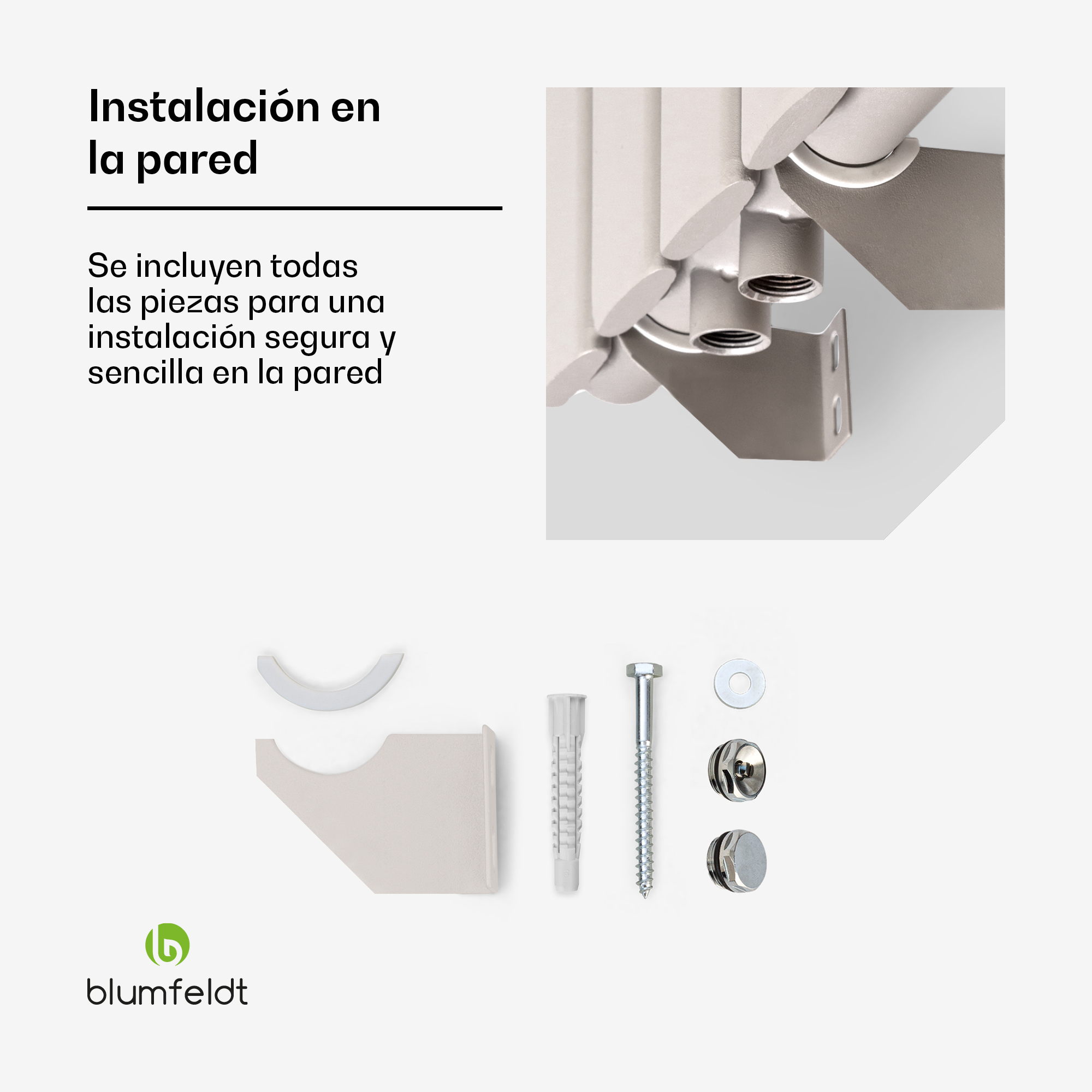 Guía de instalación en pared y accesorios de montaje incluidos para un radiador.