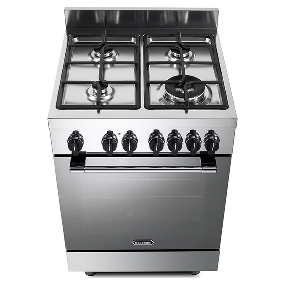 Vista dall'alto di una cucina a gas De'Longhi in acciaio inox con quattro bruciatori, griglie nere e sette manopole.