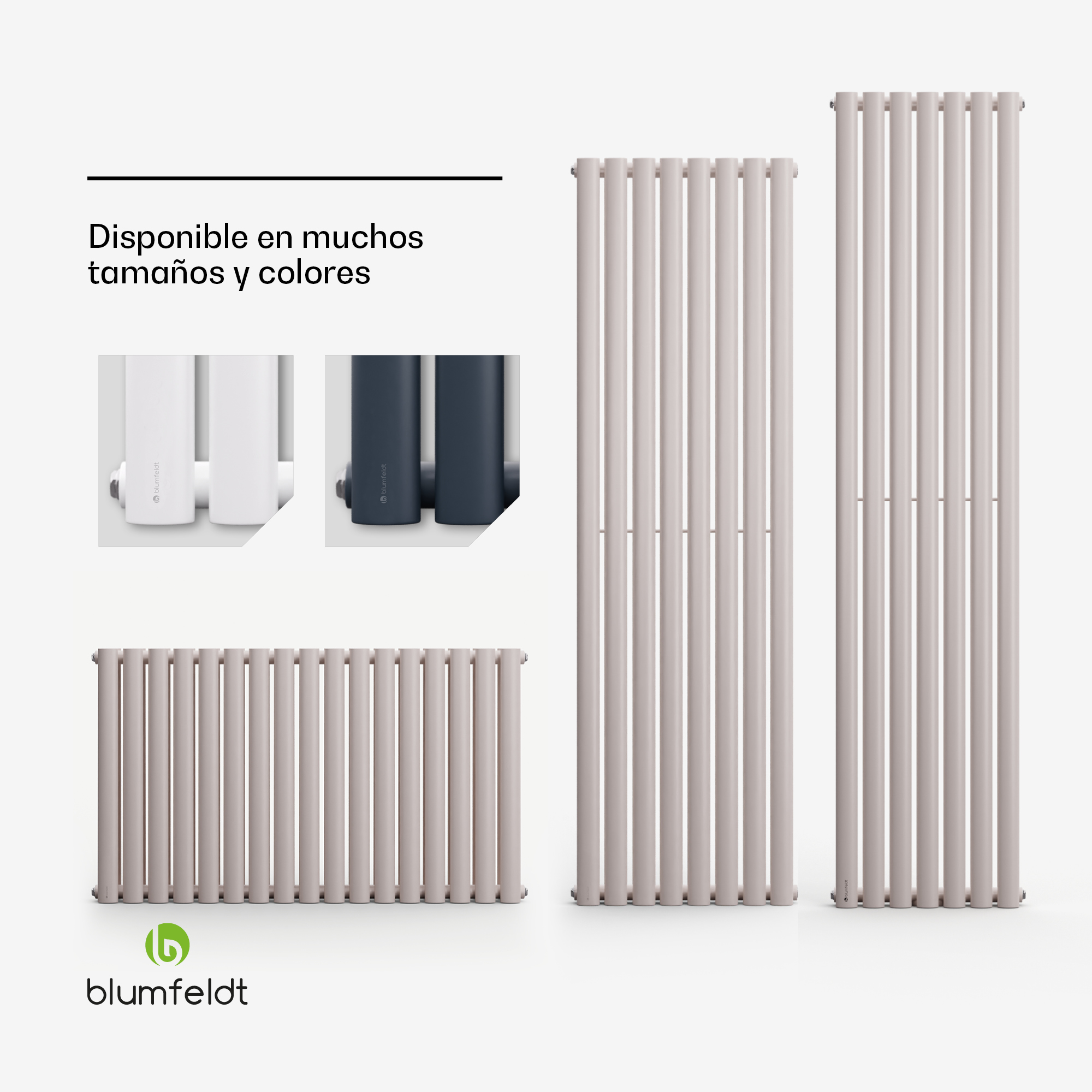 Varios radiadores de panel verticales y horizontales en diferentes tamaños y colores, con el logotipo de Blumfeldt.