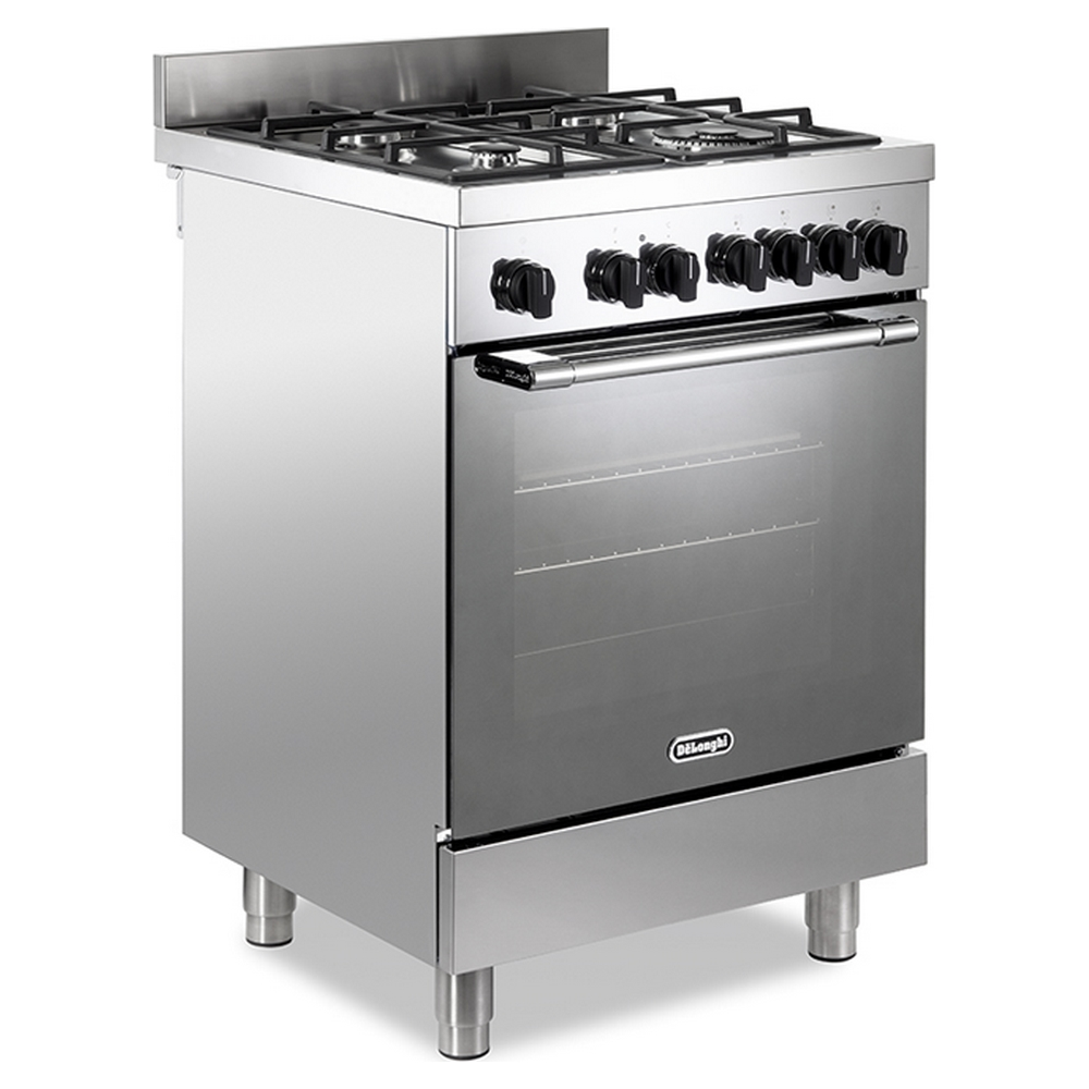 Una cucina a gas argentata indipendente con finestra del forno nera e manopole di controllo.
