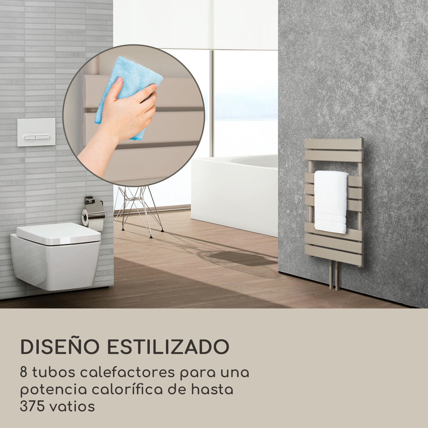 Moderne Badezimmer mit WC und einem Handtuchwärmer, der mit einem blauen Tuch gereinigt wird.