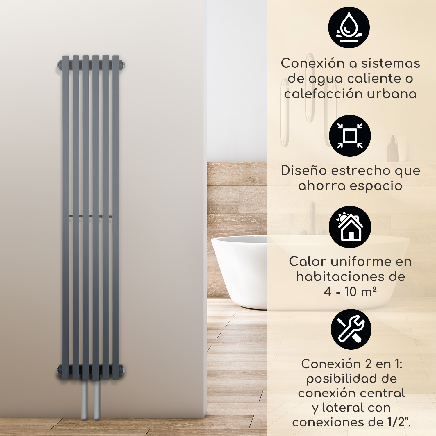 Radiador de panel vertical gris montado en pared clara, con iconos y texto en español a la derecha.