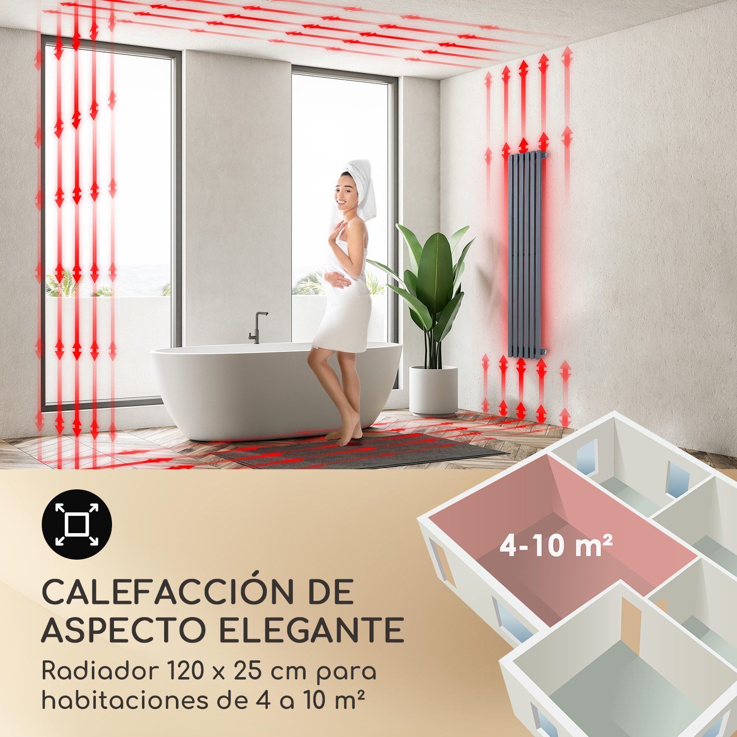 Calefacción de baño moderna con diagrama de calor radiante y plano para 4-10 m².