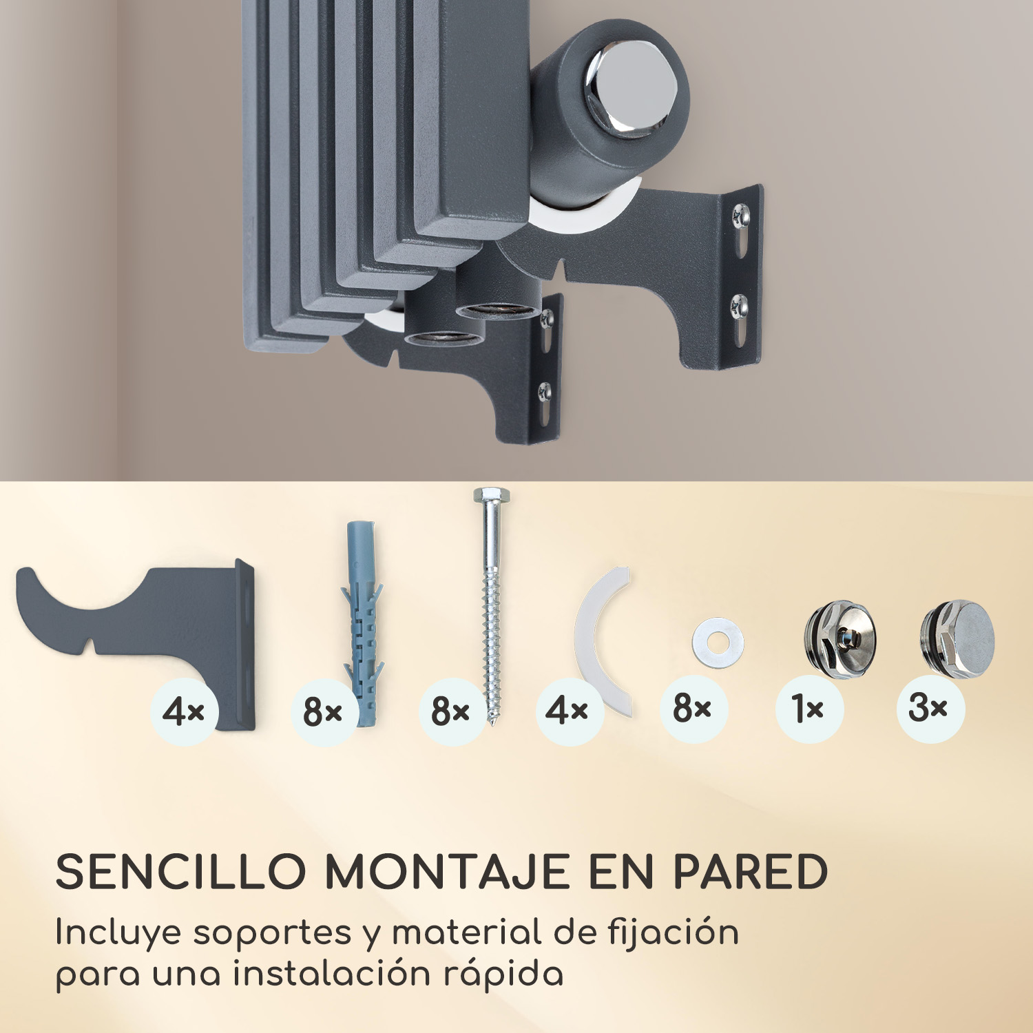 Radiador de pared gris con accesorios de instalación y texto que dice sencillo montaje en pared.