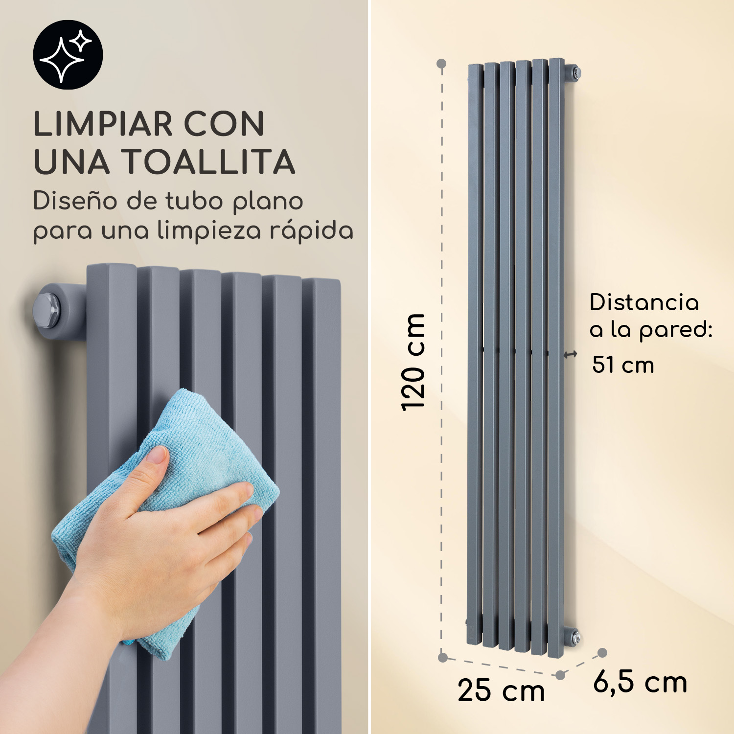 Mano limpiando un radiador de tubo plano gris con medidas.
