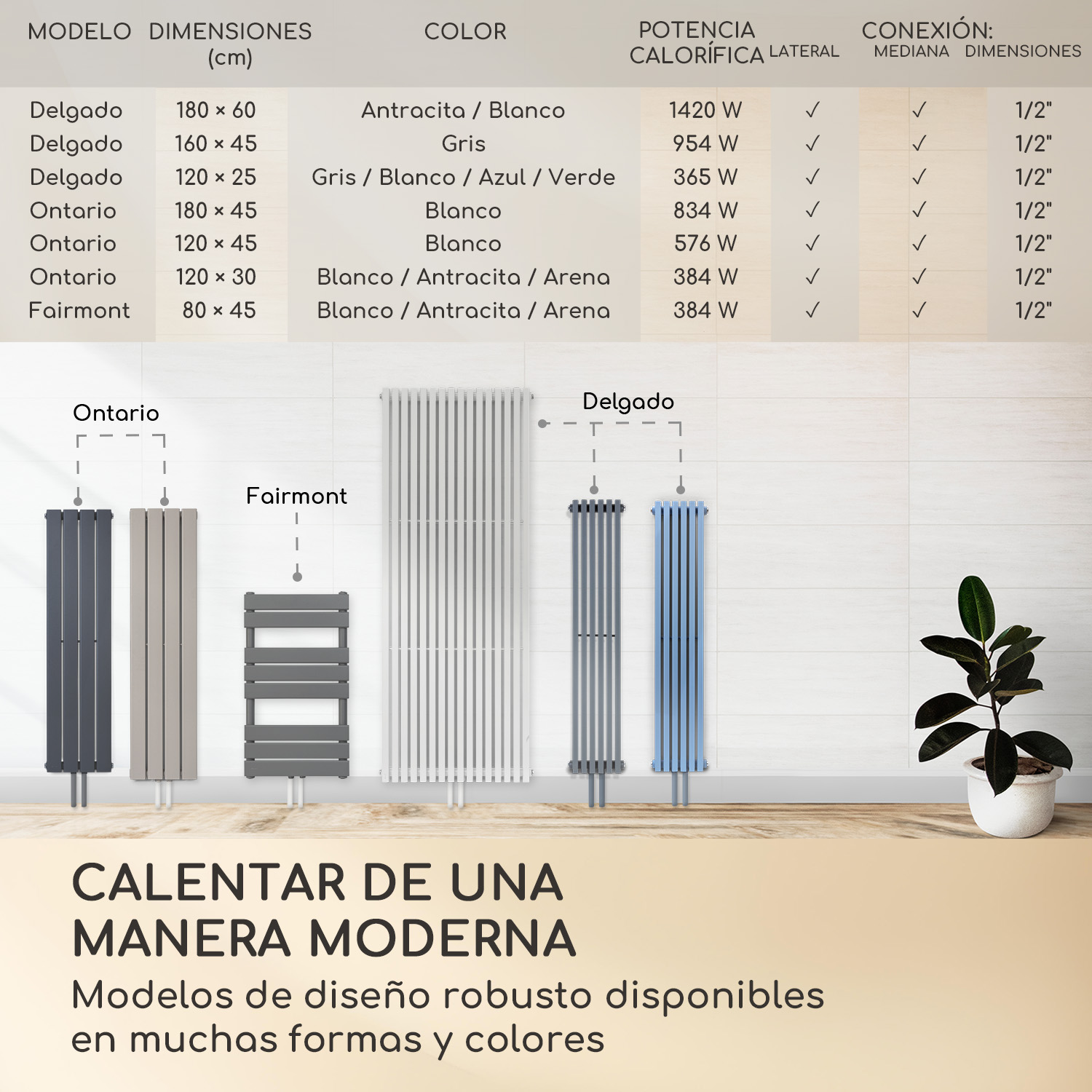 Un catálogo con radiadores modernos de varios colores y tamaños, y una planta en maceta a la derecha.