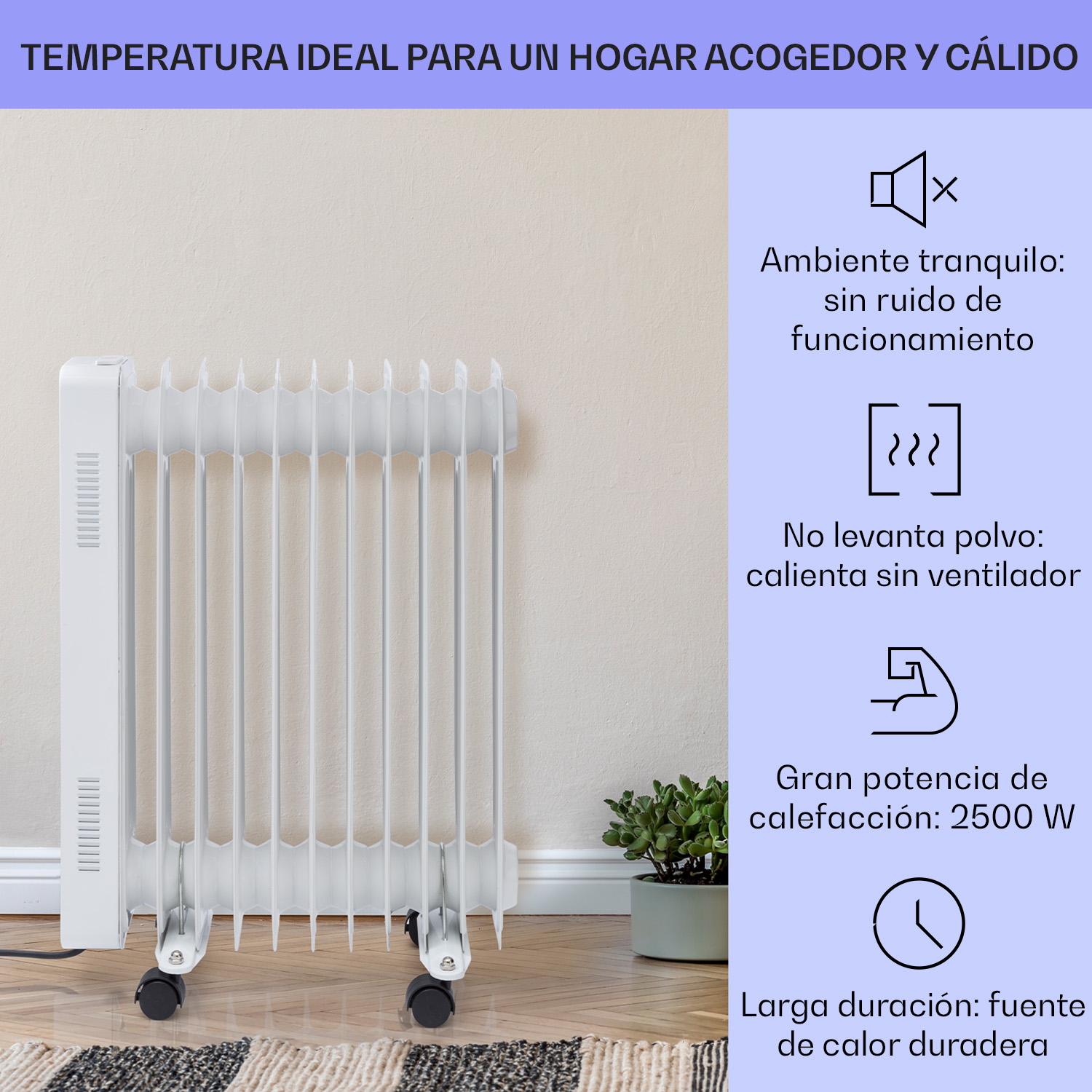 Weißer Ölradiator auf Rollen vor einer Wand, rechts mit spanischen Infografiken zu den Produktvorteilen.