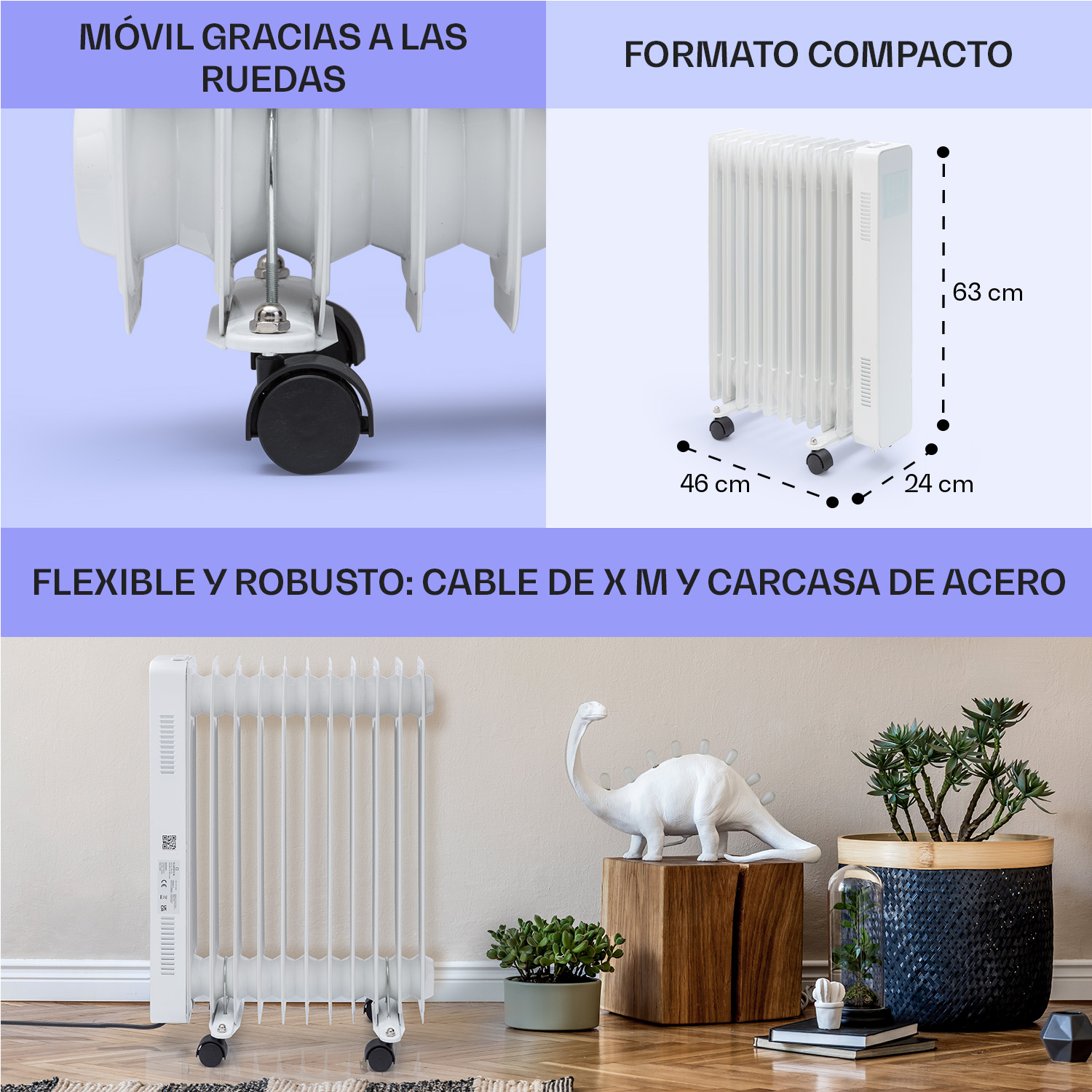 Produktmerkmale eines weißen Radiators mit Rollen, kompakten Maßen und Stahlgehäuse.