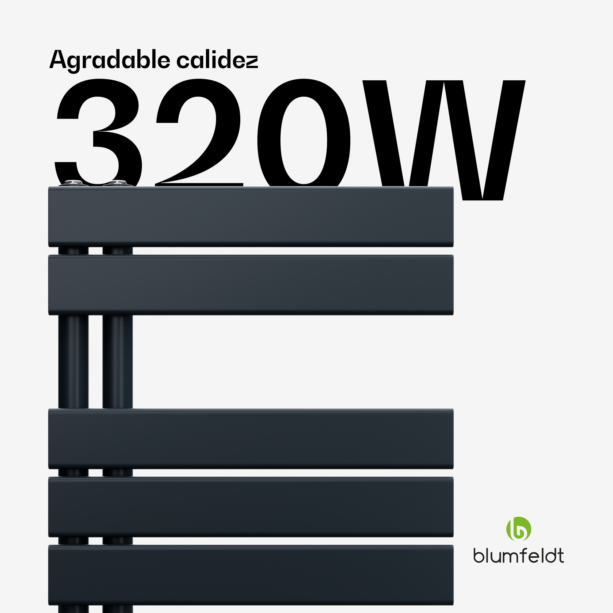 Radiador toallero negro con el texto Agradable calidez y 320W sobre fondo blanco.