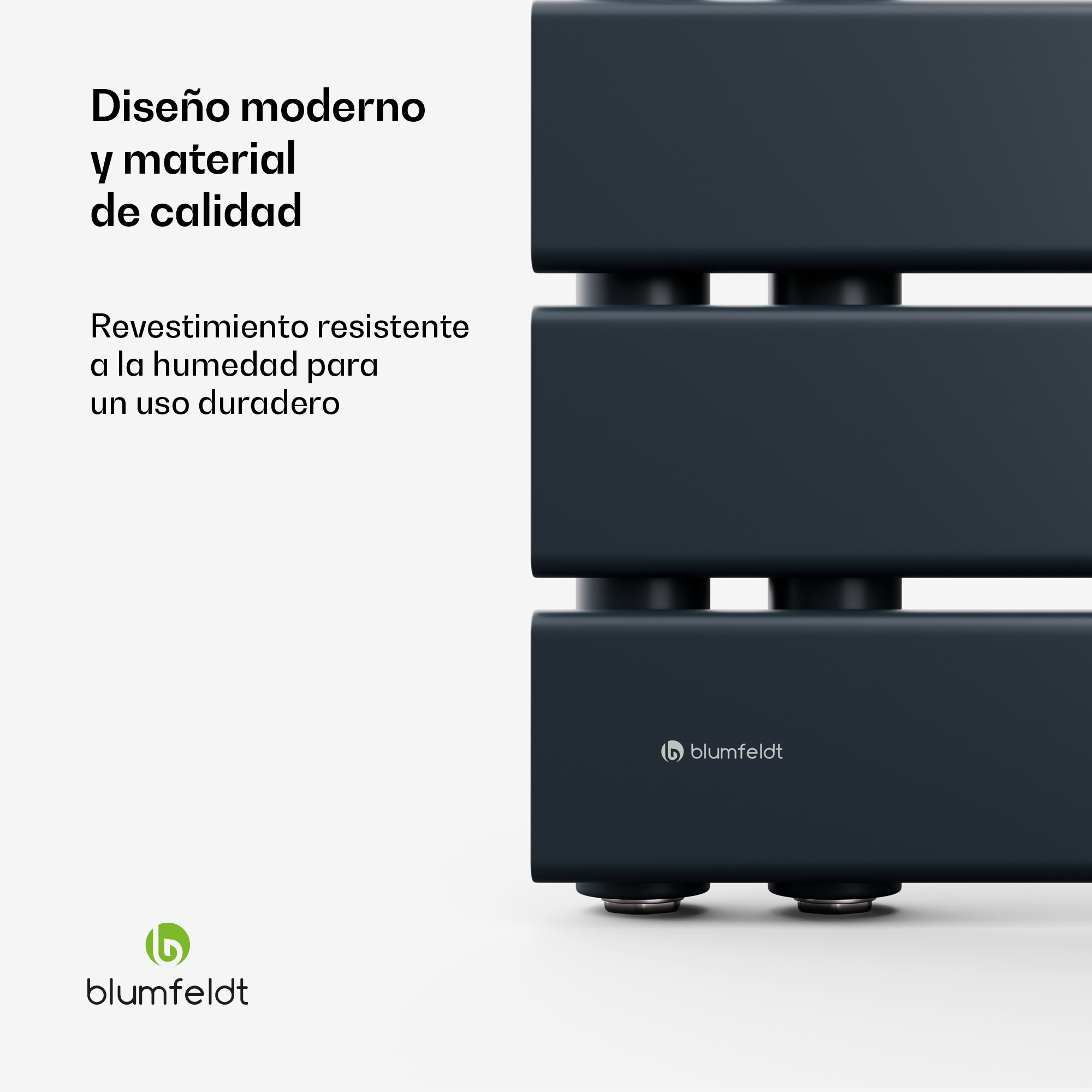 Primer plano de barras de radiador horizontales gris oscuro sobre fondo blanco con texto en español y el logotipo de blumfeldt.