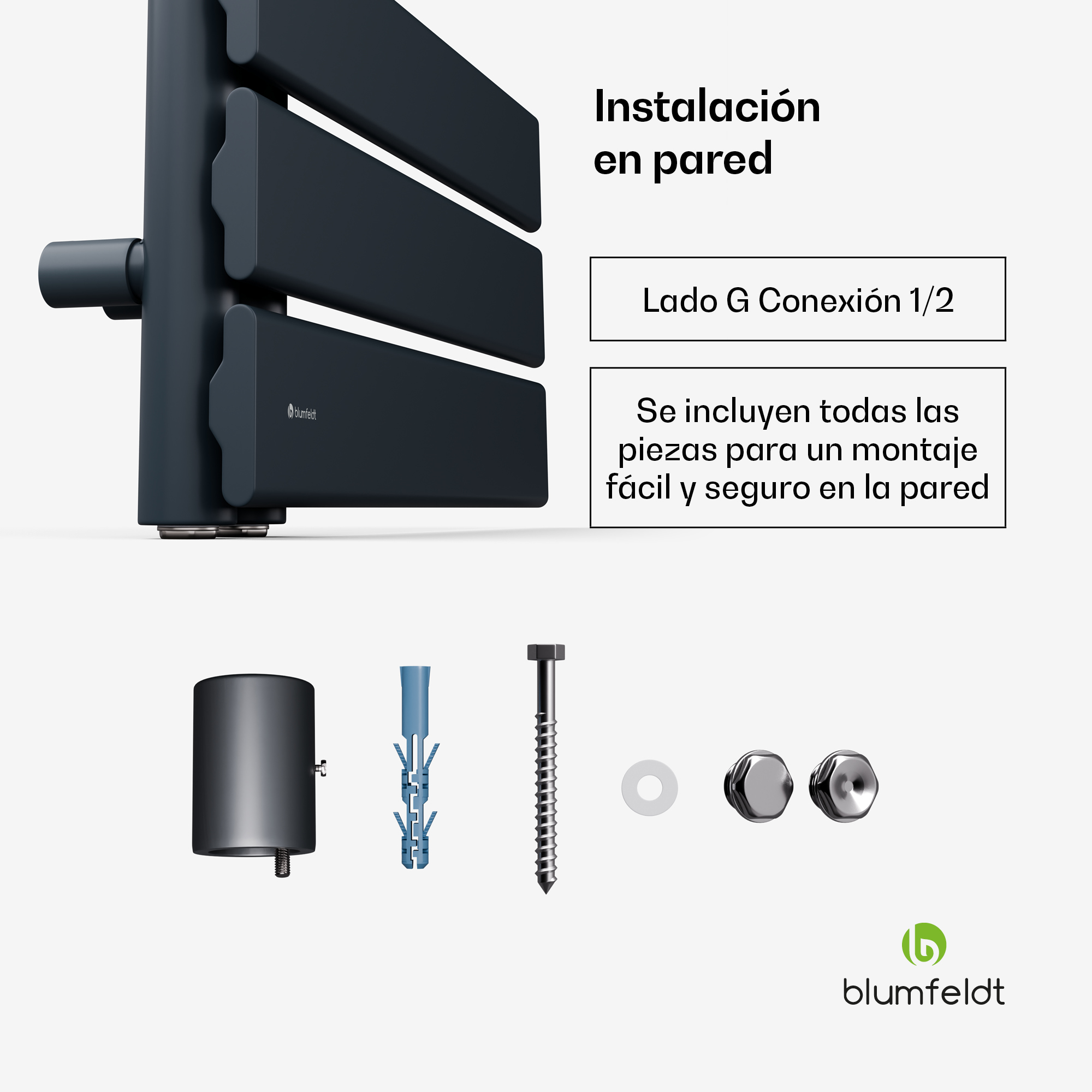 Radiador toallero negro con accesorios de montaje en pared y texto.