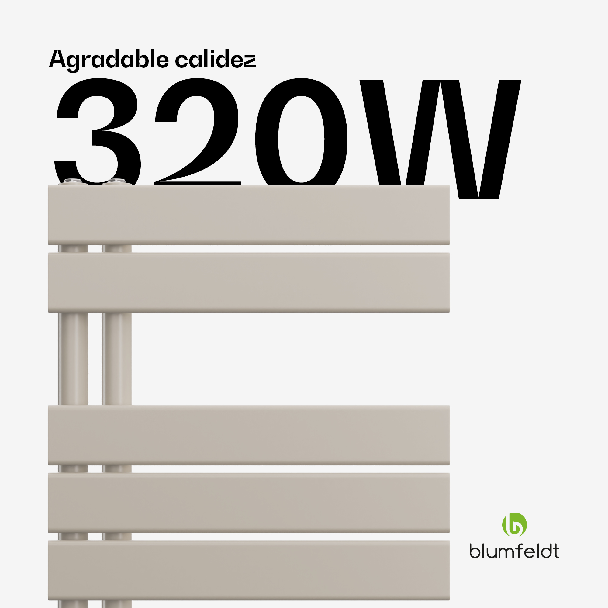 Radiador toallero beige de 320W con logotipo de Blumfeldt.