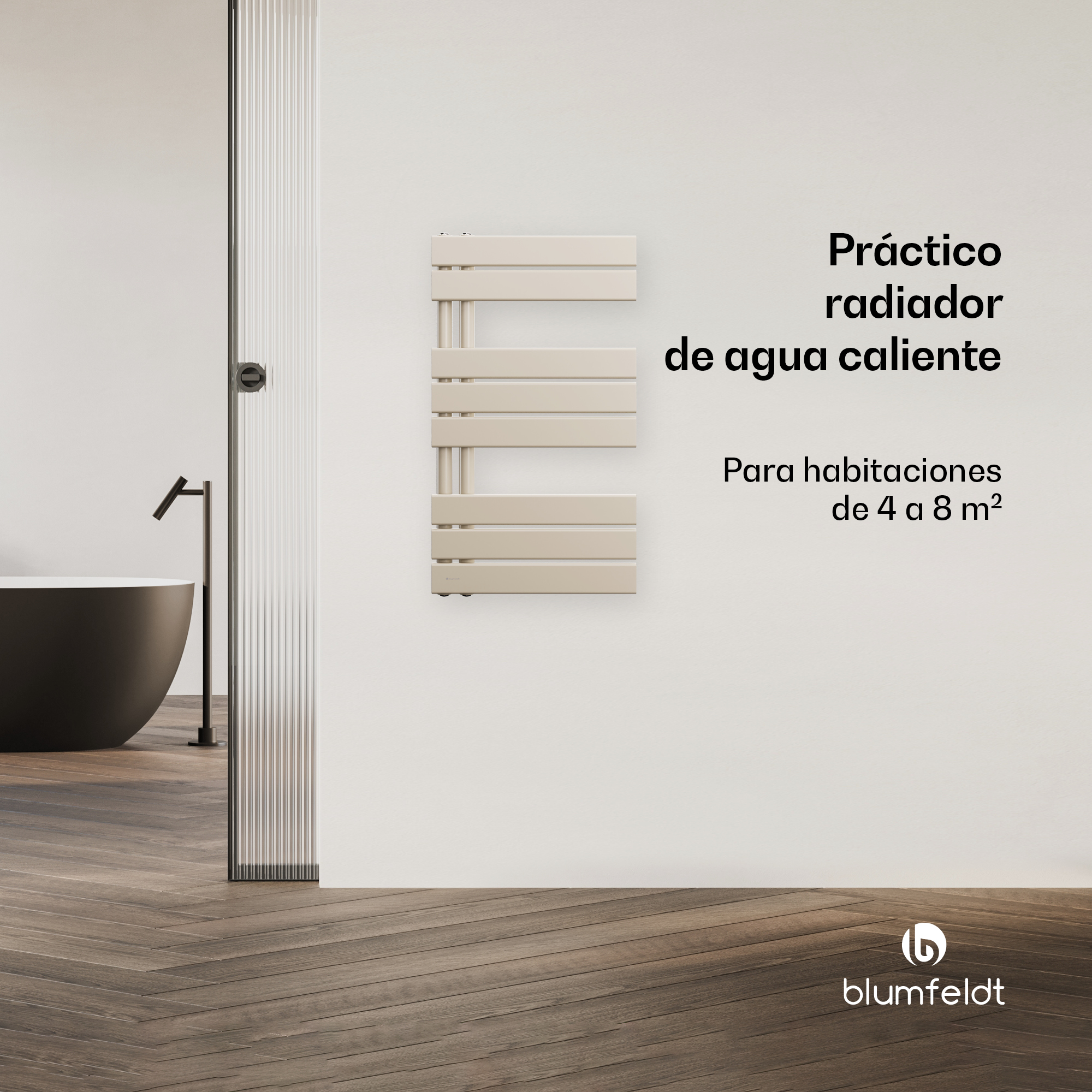 Radiador toallero beige en pared blanca, con baño y bañera al fondo.