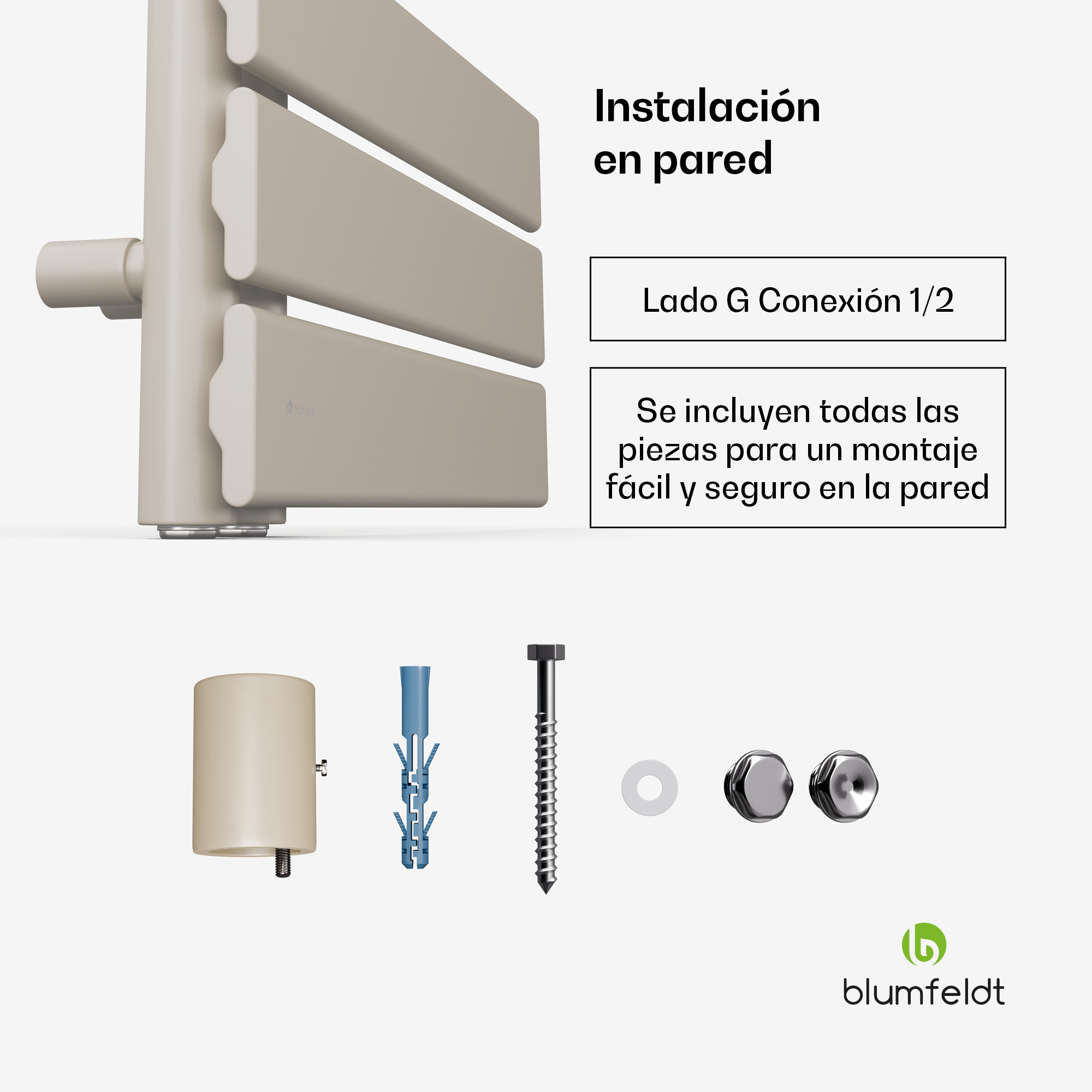Radiador de pared beige y piezas de montaje como tornillos, tacos y soportes sobre fondo blanco.
