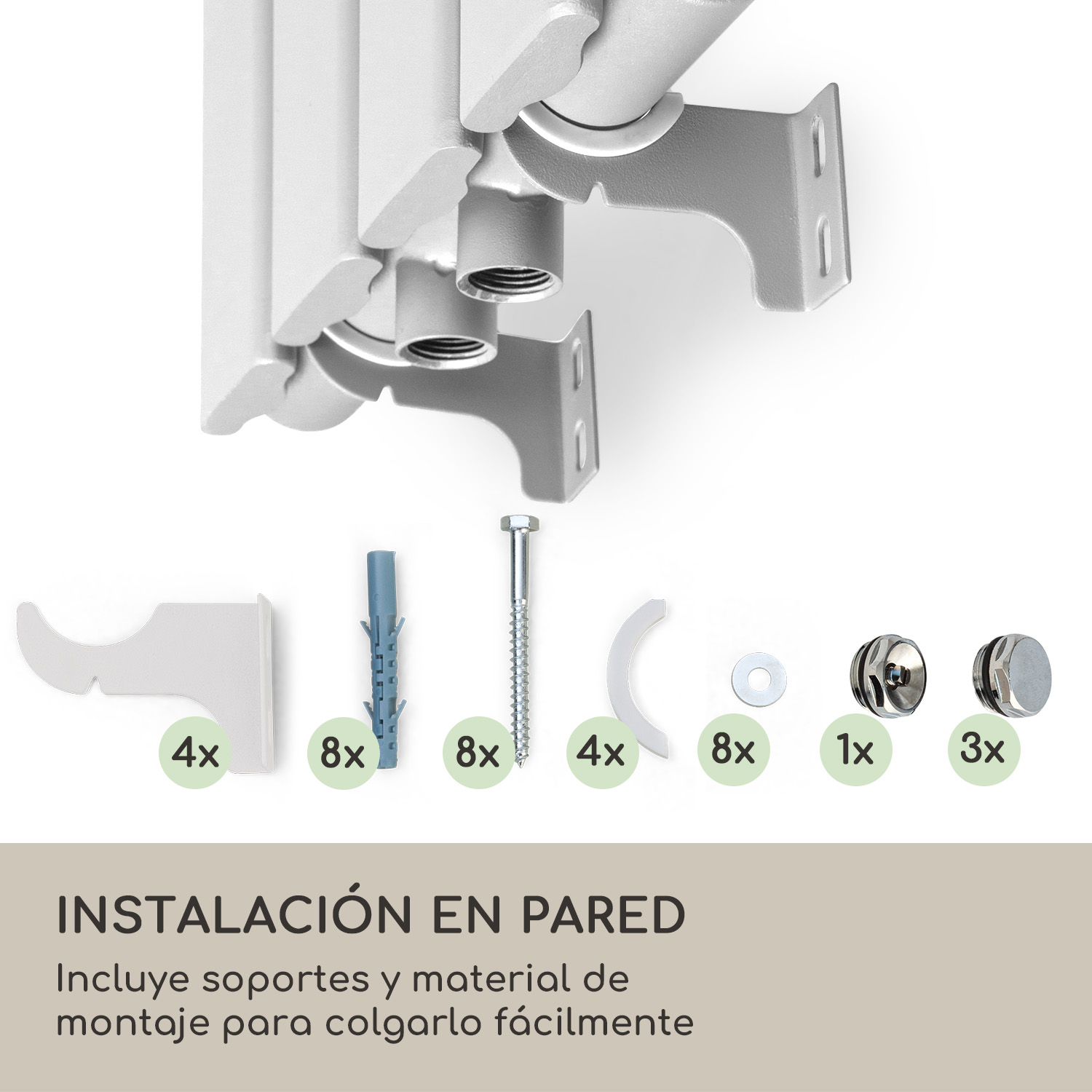 Kit de instalación de radiador en pared con soportes, tornillos y tacos, acompañado de texto en español.
