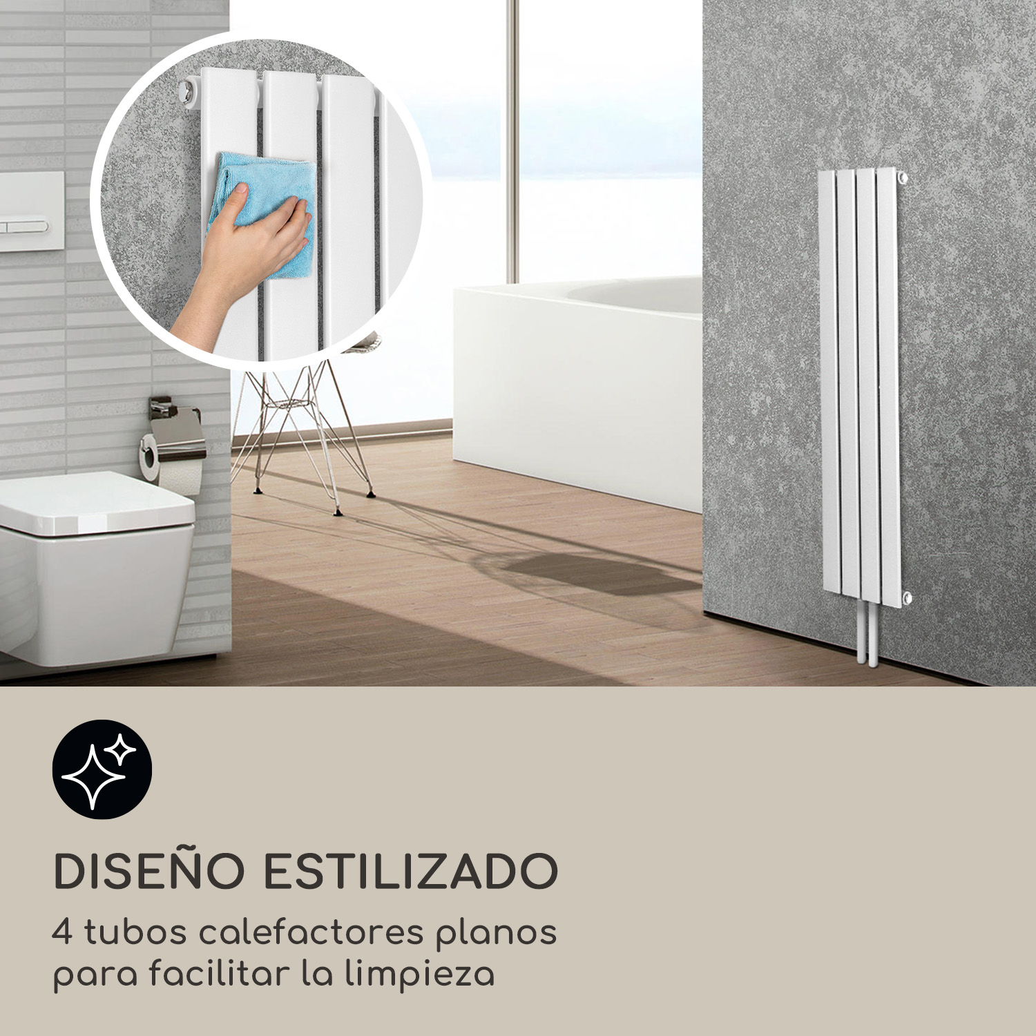 Mano limpiando un radiador vertical blanco moderno en un baño.