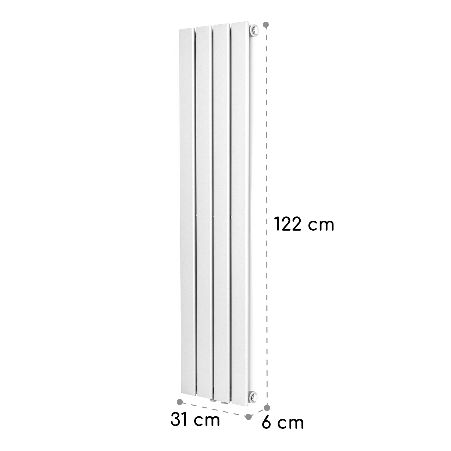 Radiador de panel plano vertical blanco de 122 cm de alto, 31 cm de ancho, 6 cm de profundidad.