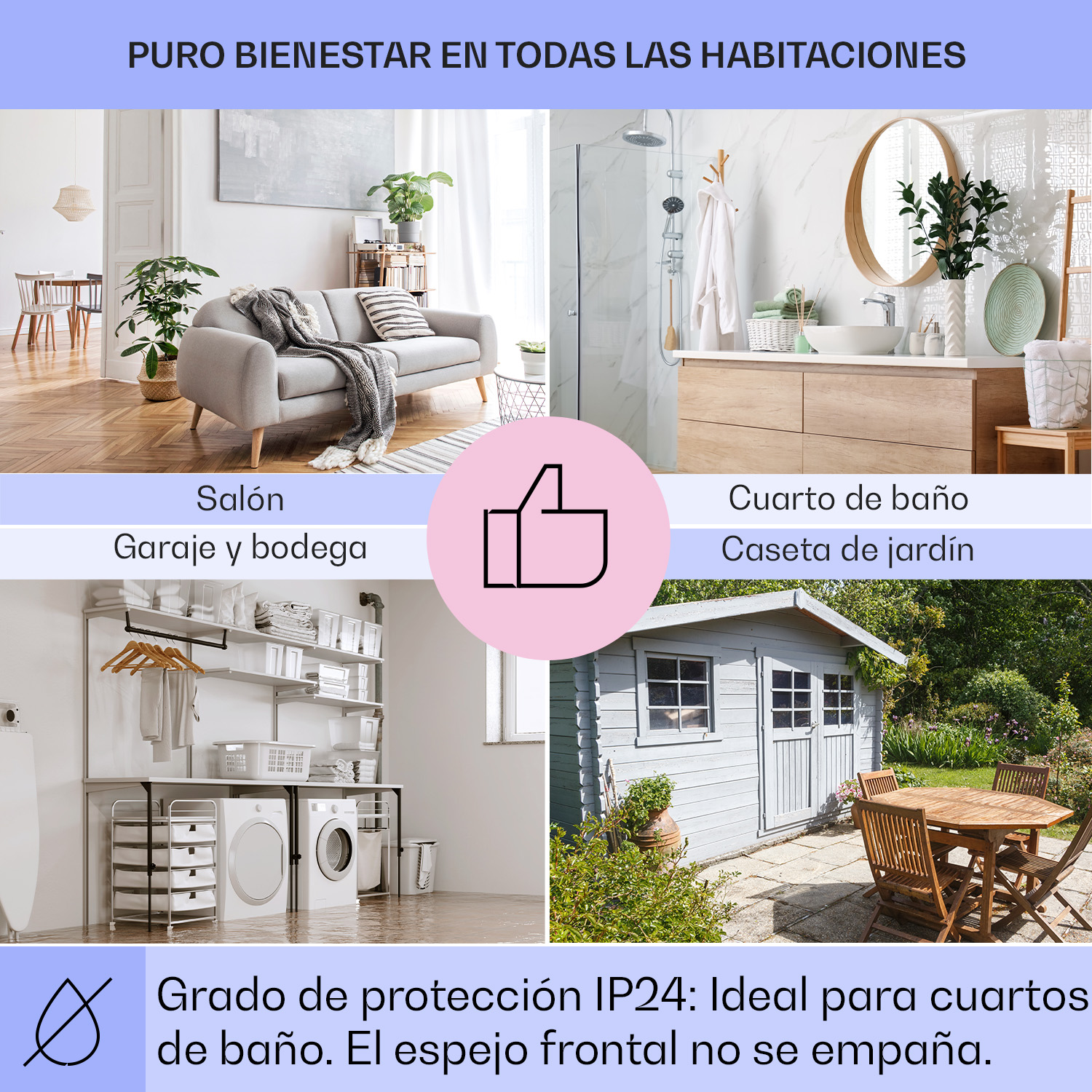 Vier Bilder zeigen Wohnzimmer, Bad, Waschküche und Gartenhaus mit Text und Daumen-hoch-Symbol.