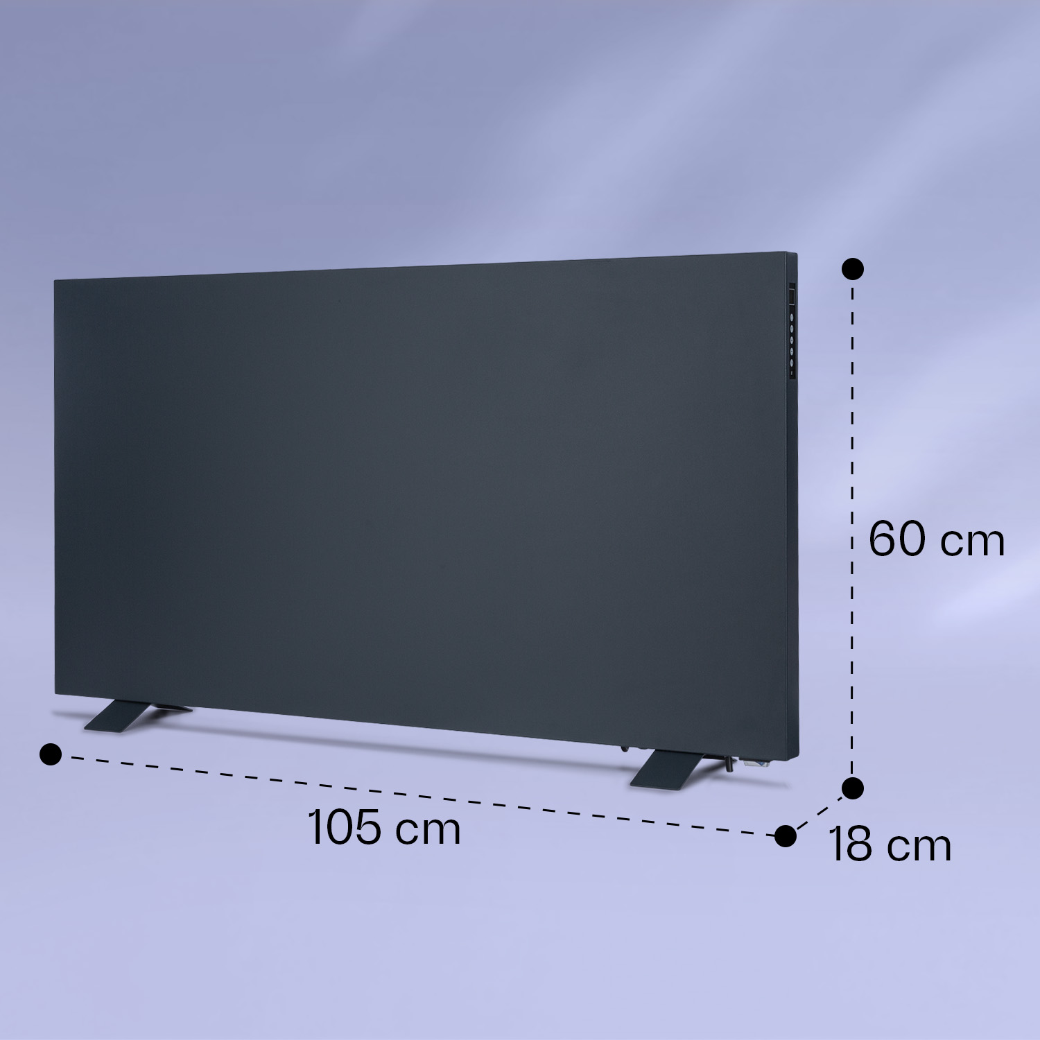 Ein schwarzer rechteckiger Heizkörper mit Maßen: 105 cm Breite, 60 cm Höhe und 18 cm Tiefe auf blauem Hintergrund.