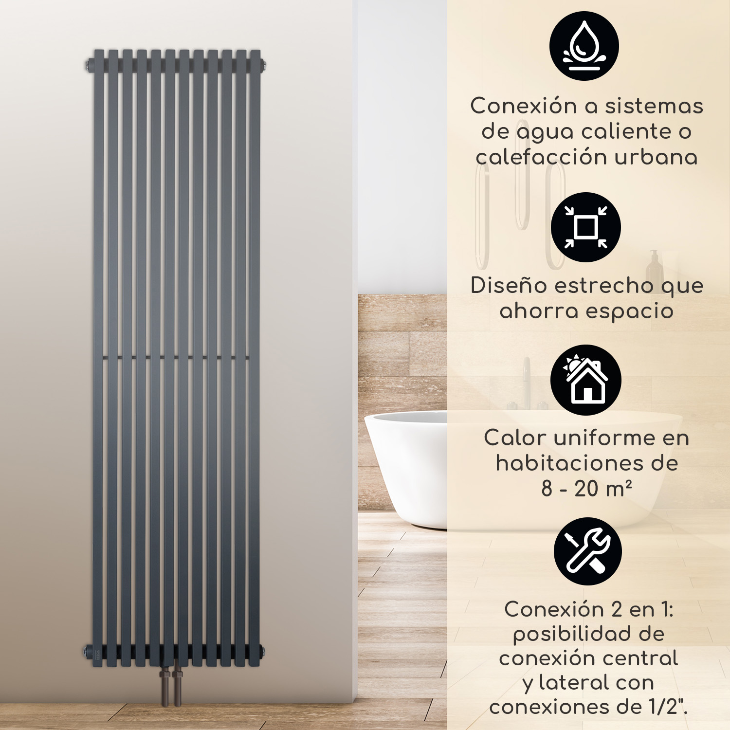 Radiador vertical gris alto en una pared con características del producto.