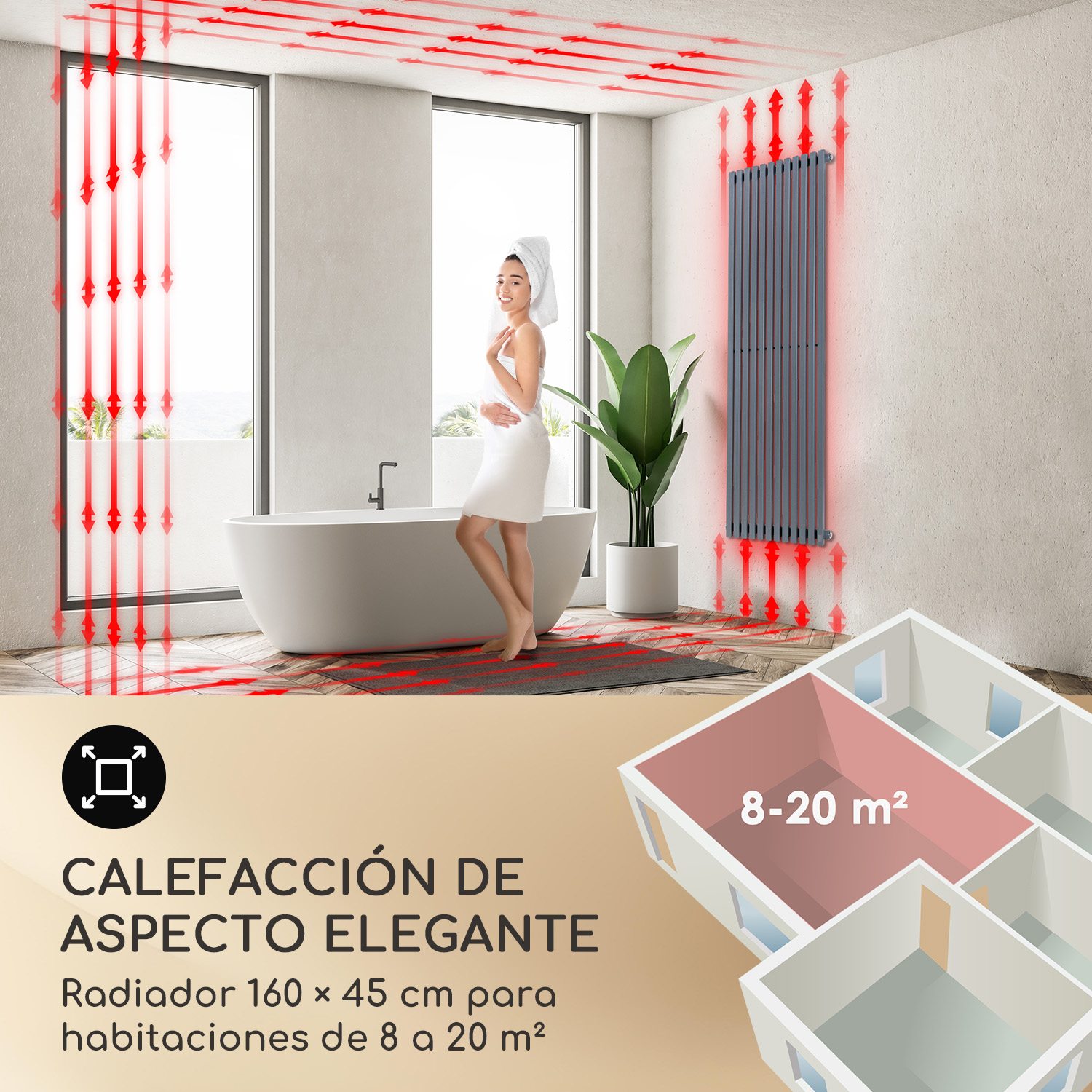 Baño moderno con bañera, radiador gris, mujer con toalla y gráfico de plano de planta.
