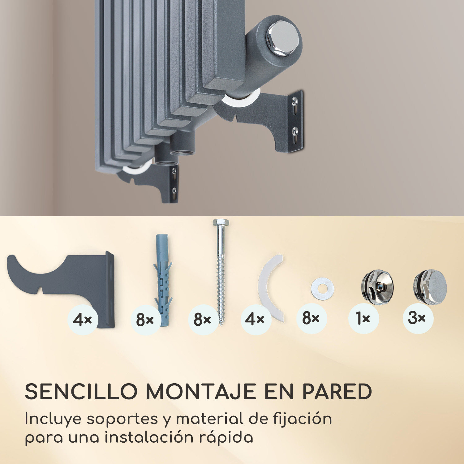 Soportes de montaje de radiador grises y herrajes de instalación con texto en español.