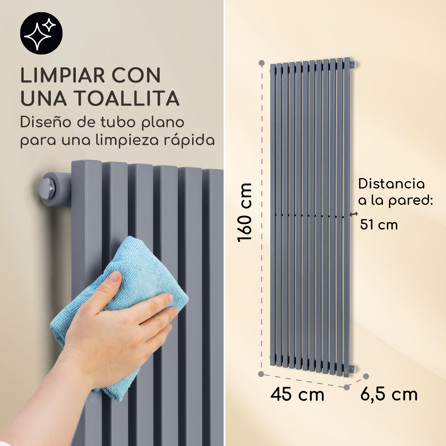 Radiador gris de tubo plano con medidas y una mano limpiándolo con un paño azul.