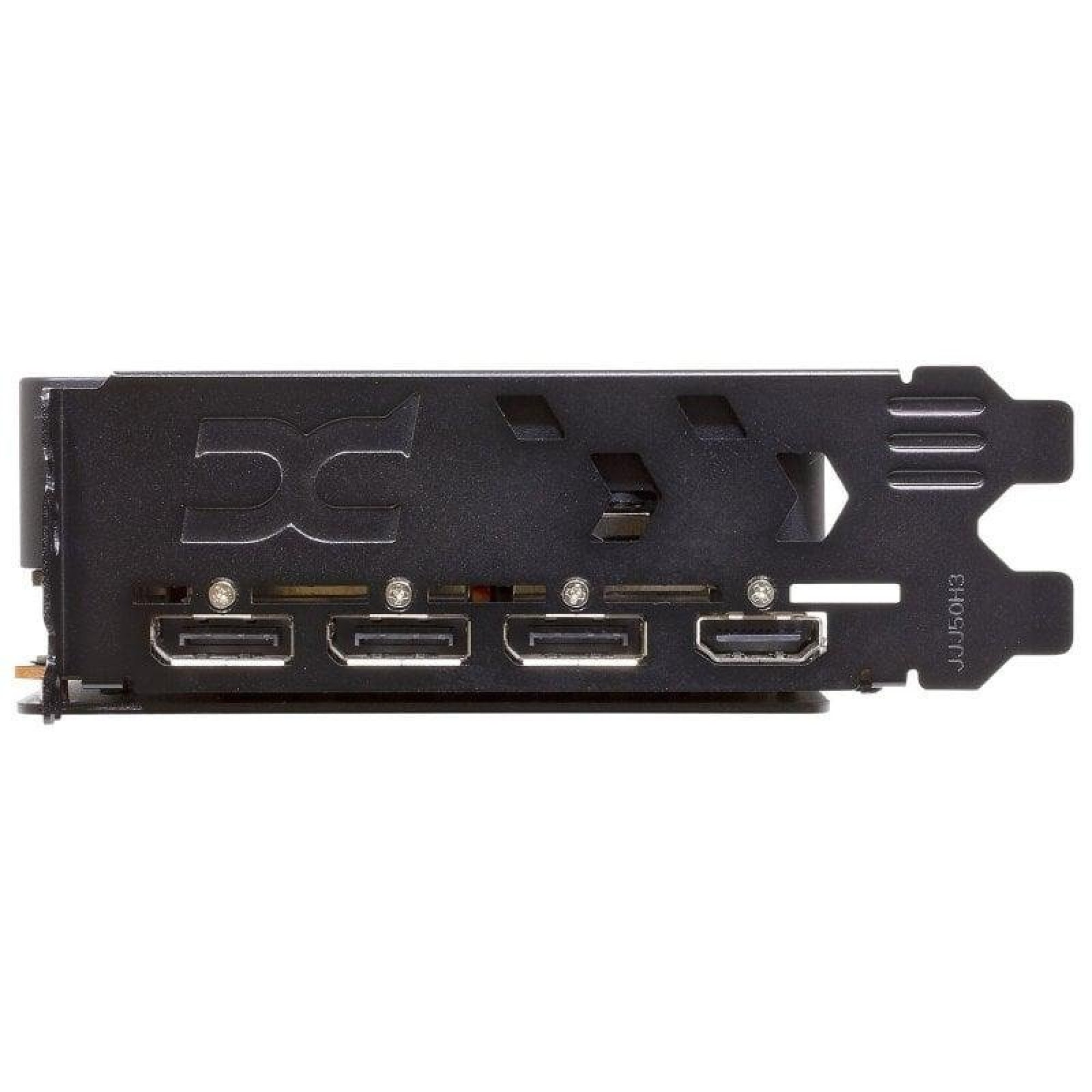 Rückseite einer schwarzen Grafikkarte mit drei DisplayPort-Anschlüssen und einem HDMI-Anschluss.