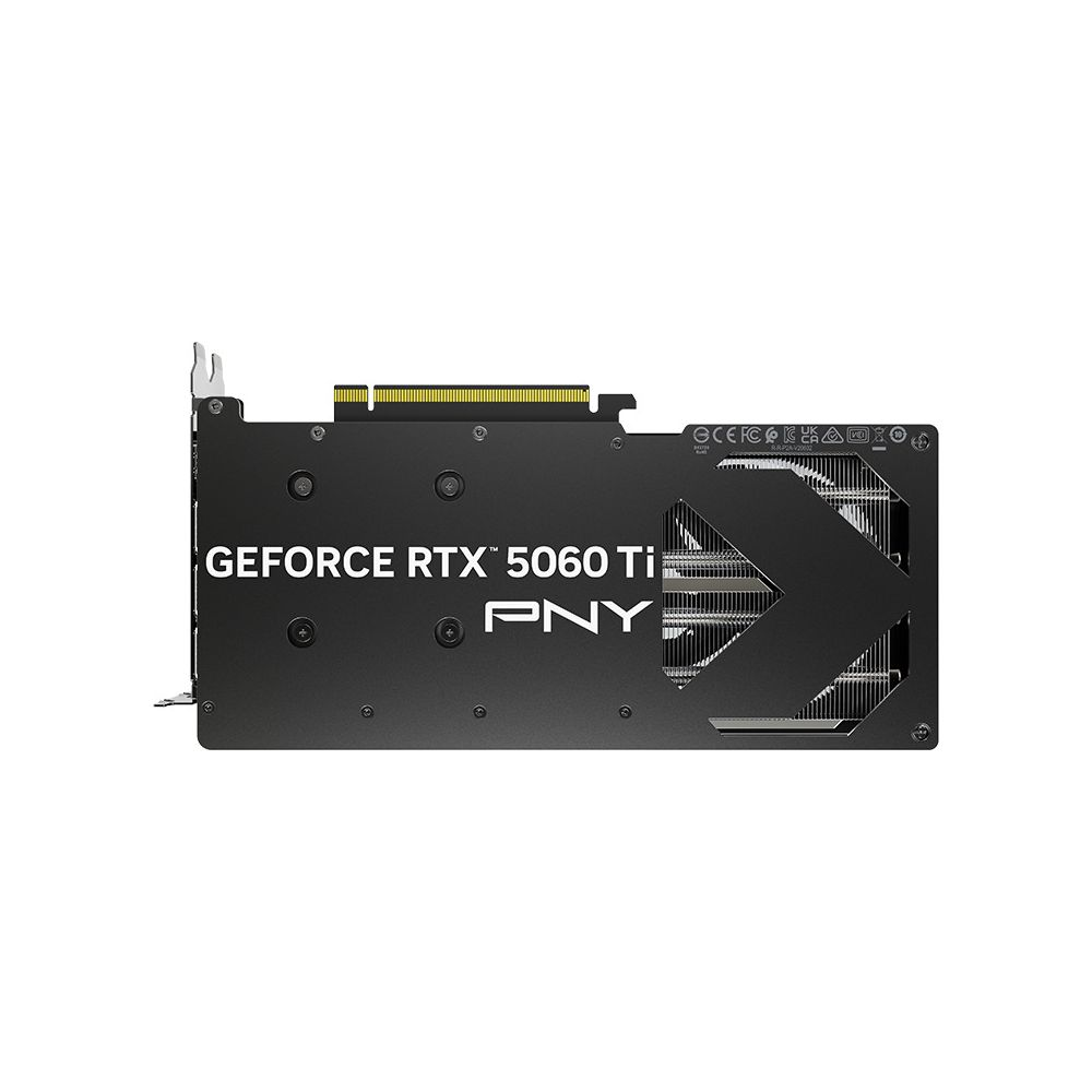 Tarjeta gráfica PNY GeForce RTX 5060 Ti negra con texto blanco sobre fondo blanco.