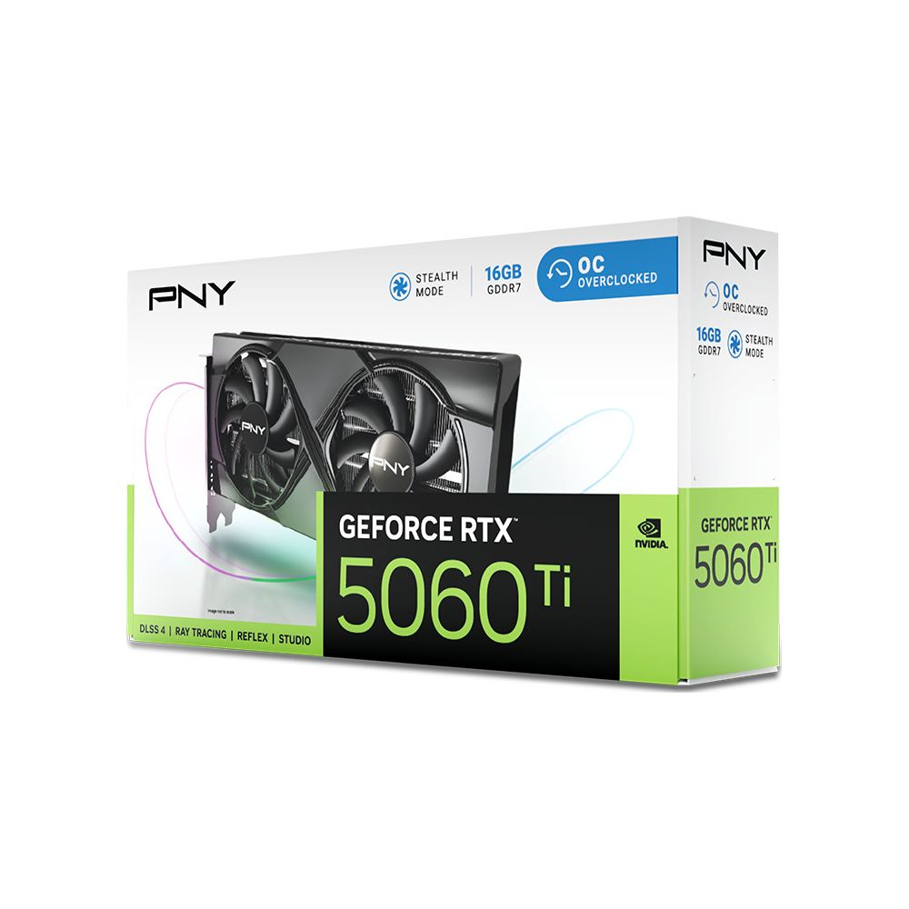 Tarjeta gráfica PNY GeForce RTX 5060 Ti en caja blanca y verde con dos ventiladores.