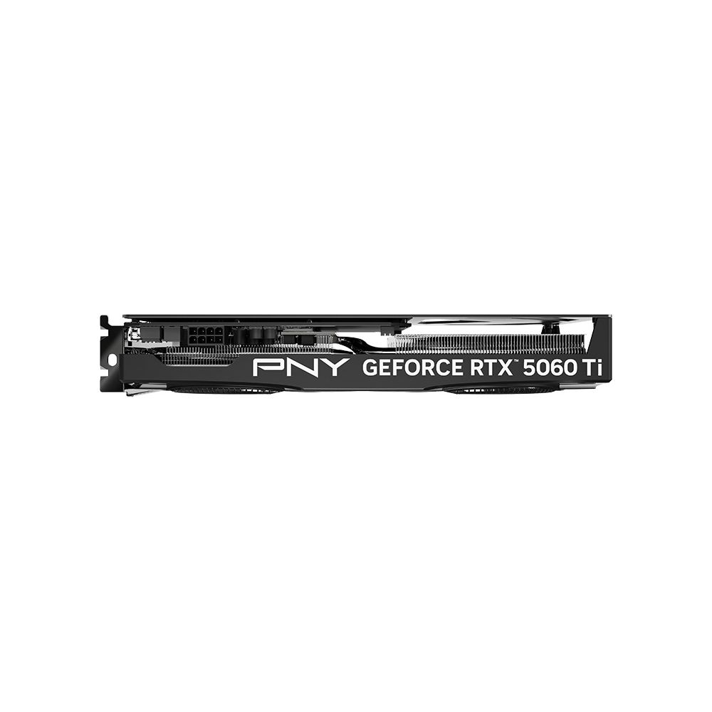Vista lateral de una tarjeta gráfica PNY GeForce RTX 5060 Ti sobre fondo blanco.