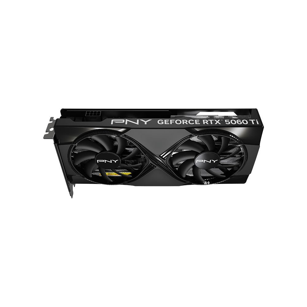 Tarjeta gráfica negra PNY GeForce RTX 5060 Ti con dos ventiladores y texto blanco sobre fondo blanco.