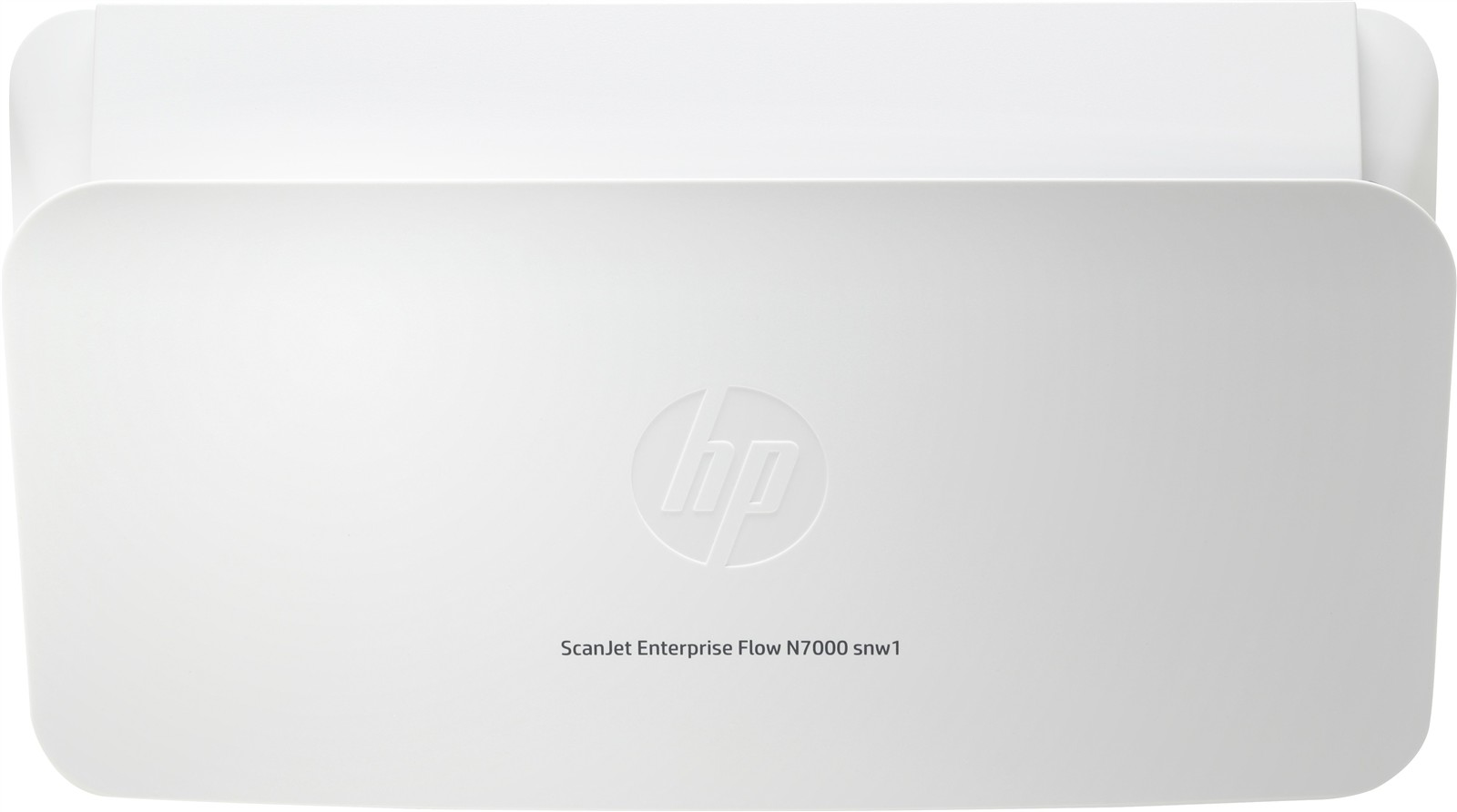 Un escáner de documentos blanco HP ScanJet Enterprise Flow N7000 snw1 visto de frente.
