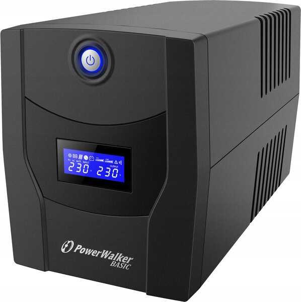 Czarny zasilacz UPS PowerWalker BASIC z niebieskim przyciskiem zasilania i wyświetlaczem.
